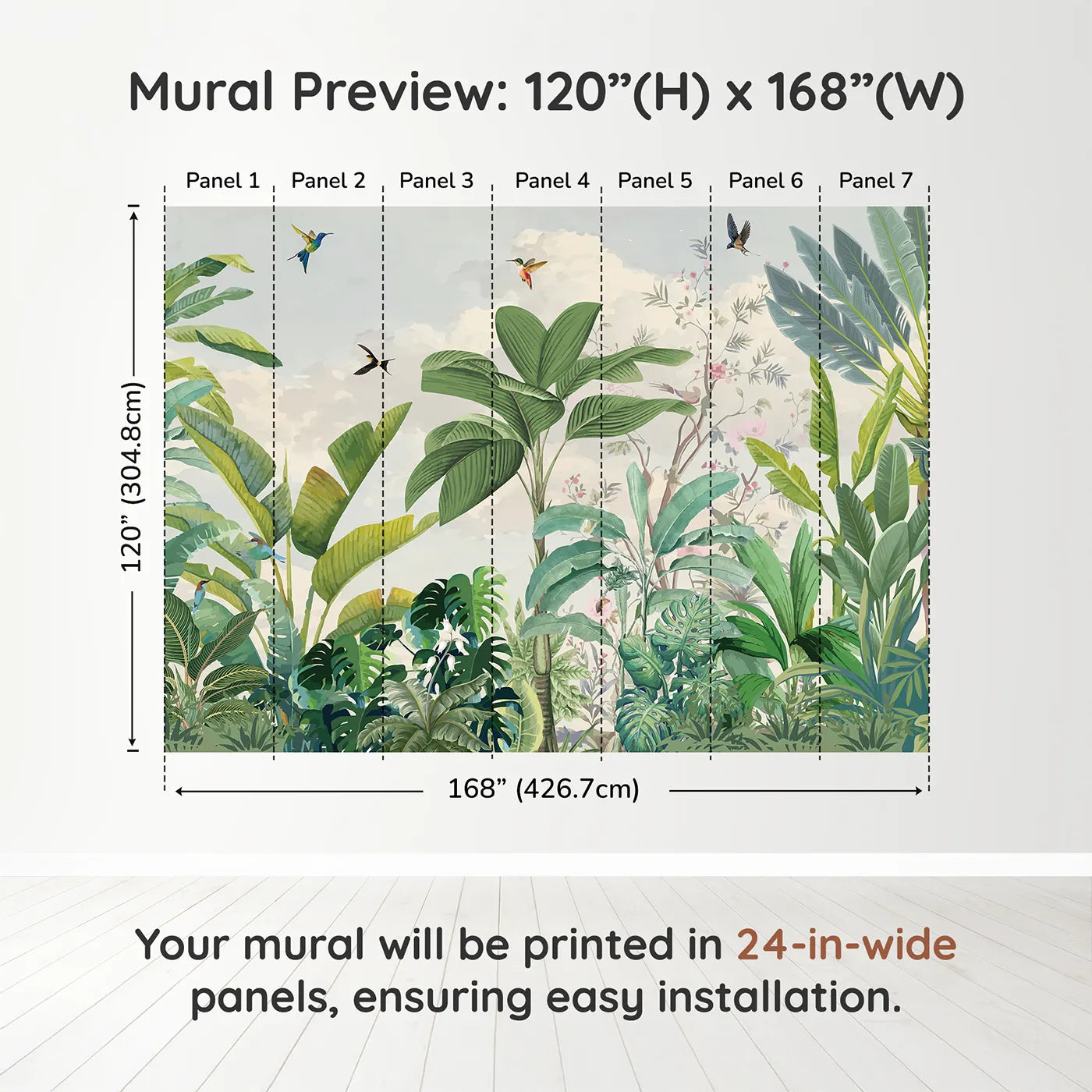 Whimsy Tots Tropical Bird Garden Wall Mural in Greendimension view (120" H x 168" W). Printed in seven 24-inch-wide panels. Gender-Neutral