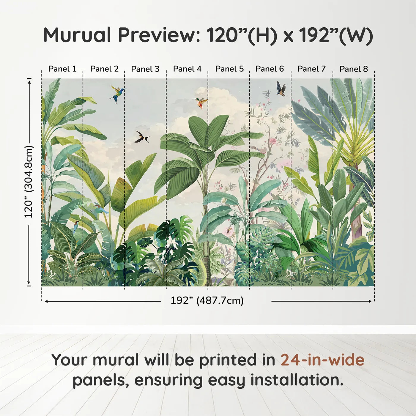 Whimsy Tots Tropical Bird Garden Wall Mural in Greendimension view (120" H x 192" W). Printed in eight 24-inch-wide panels. Gender-Neutral