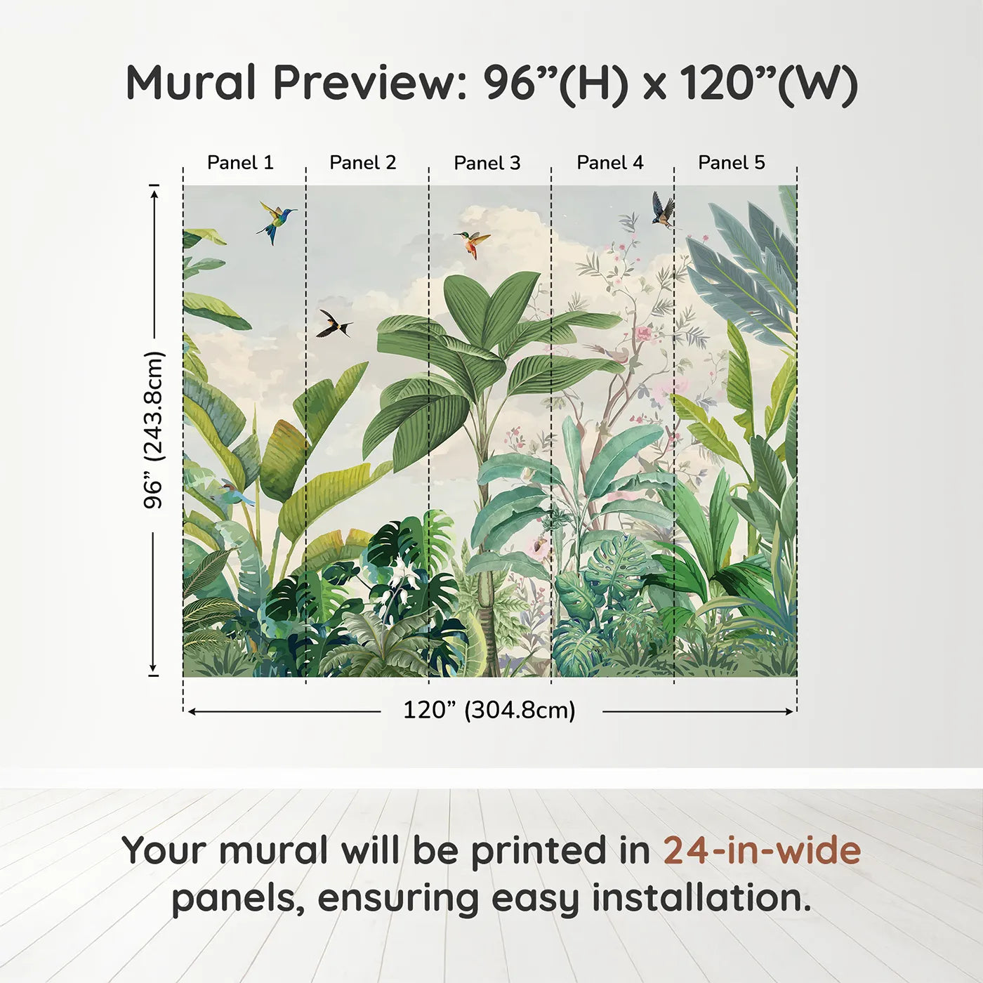Whimsy Tots Tropical Bird Garden Wall Mural in Greendimension view (96" H x 120" W). Printed in five 24-inch-wide panels. Gender-Neutral