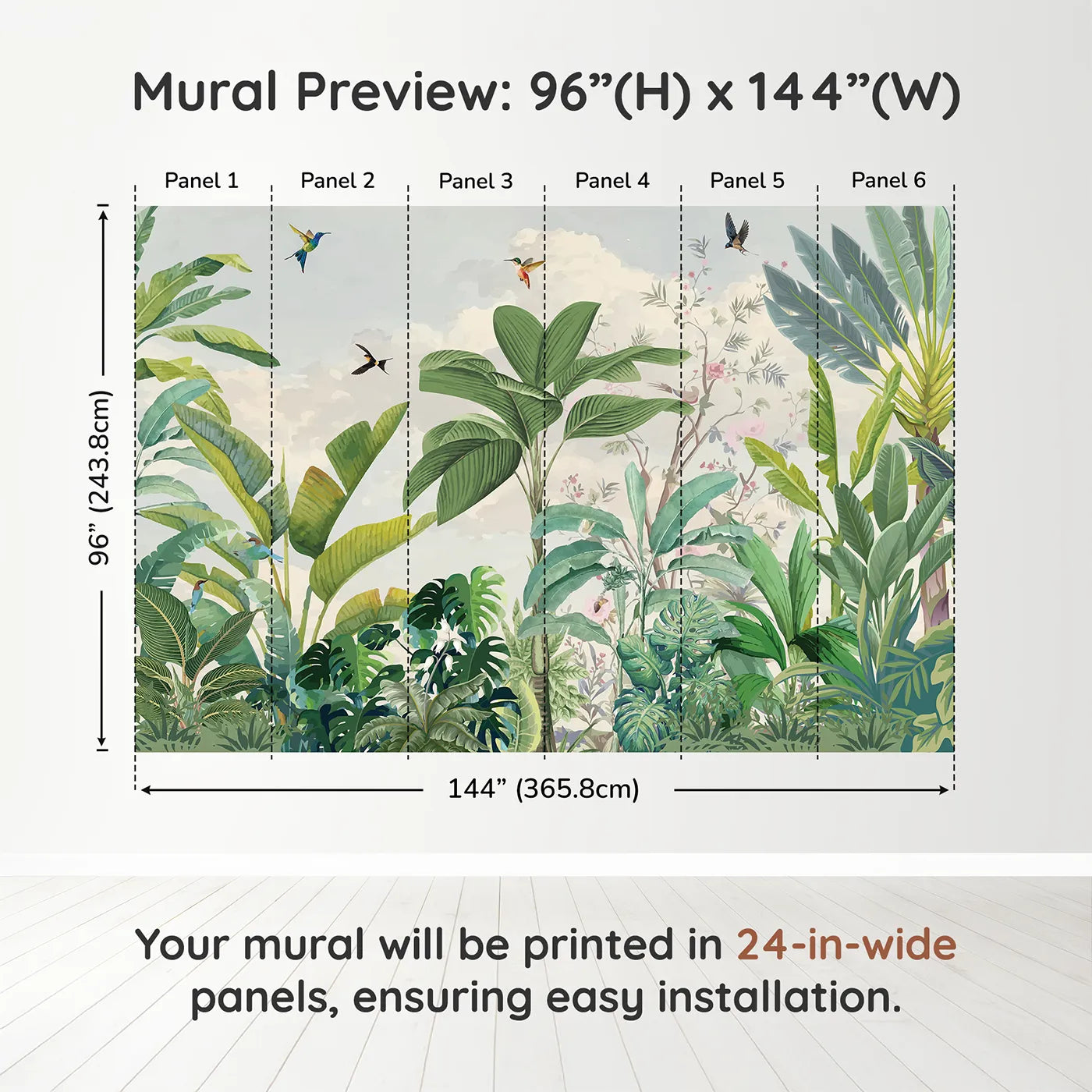 Whimsy Tots Tropical Bird Garden Wall Mural in Greendimension view (96" H x 144" W). Printed in six 24-inch-wide panels. Gender-Neutral