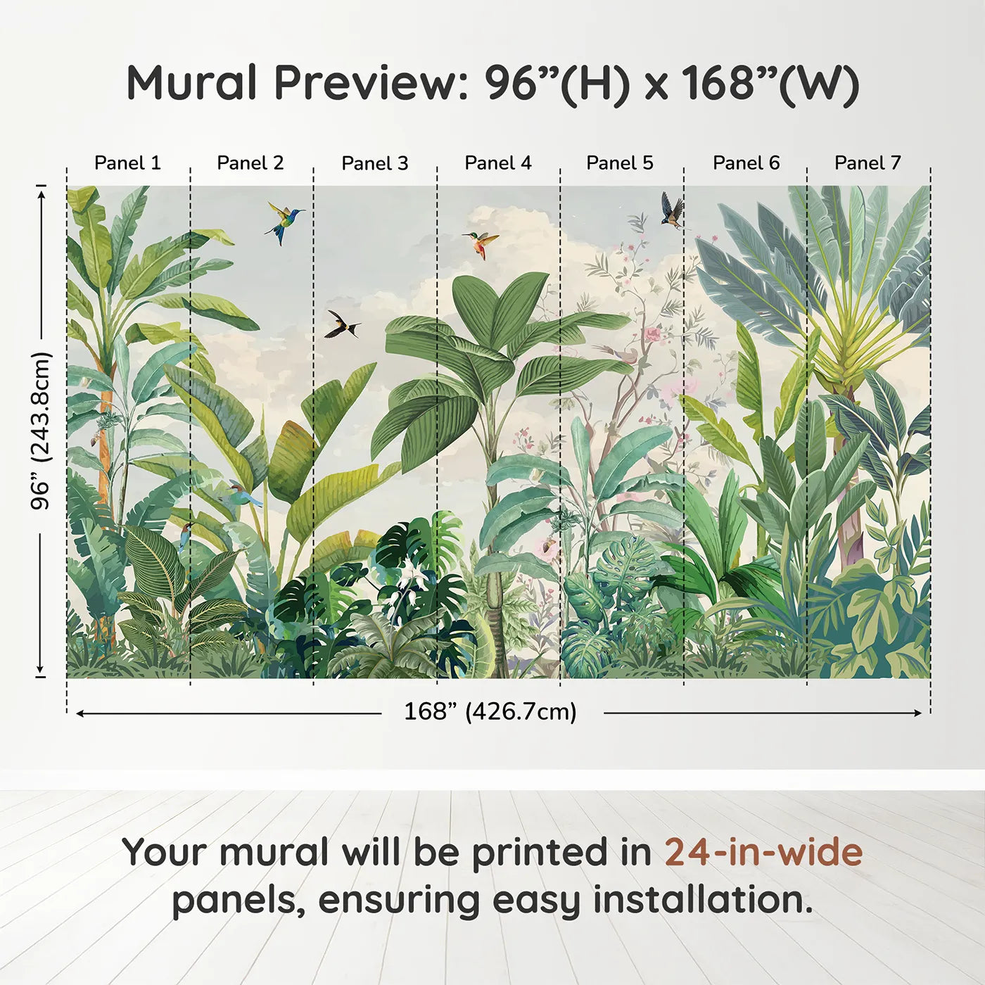 Whimsy Tots Tropical Bird Garden Wall Mural in Greendimension view (96" H x 168" W). Printed in seven 24-inch-wide panels. Gender-Neutral