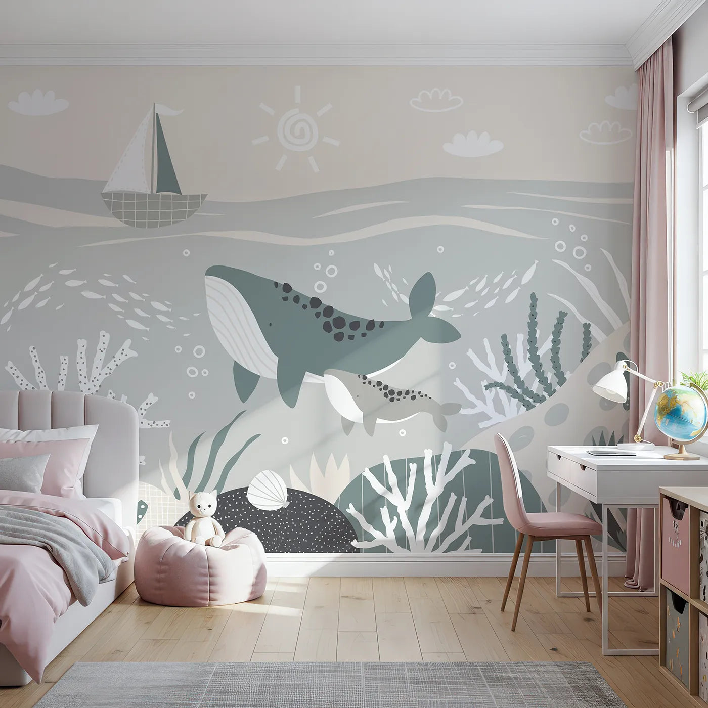 Front view of Whimsy Tots' Whale and Sailboat Wall Mural
