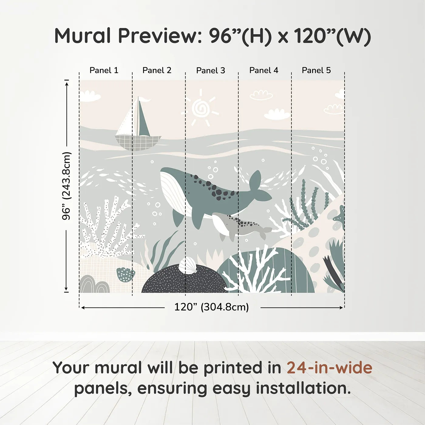 Whimsy Tots Whale and Sailboat Wall Muraldimension view (96" H x 120" W). Printed in five 24-inch-wide panels. Gender-Neutral