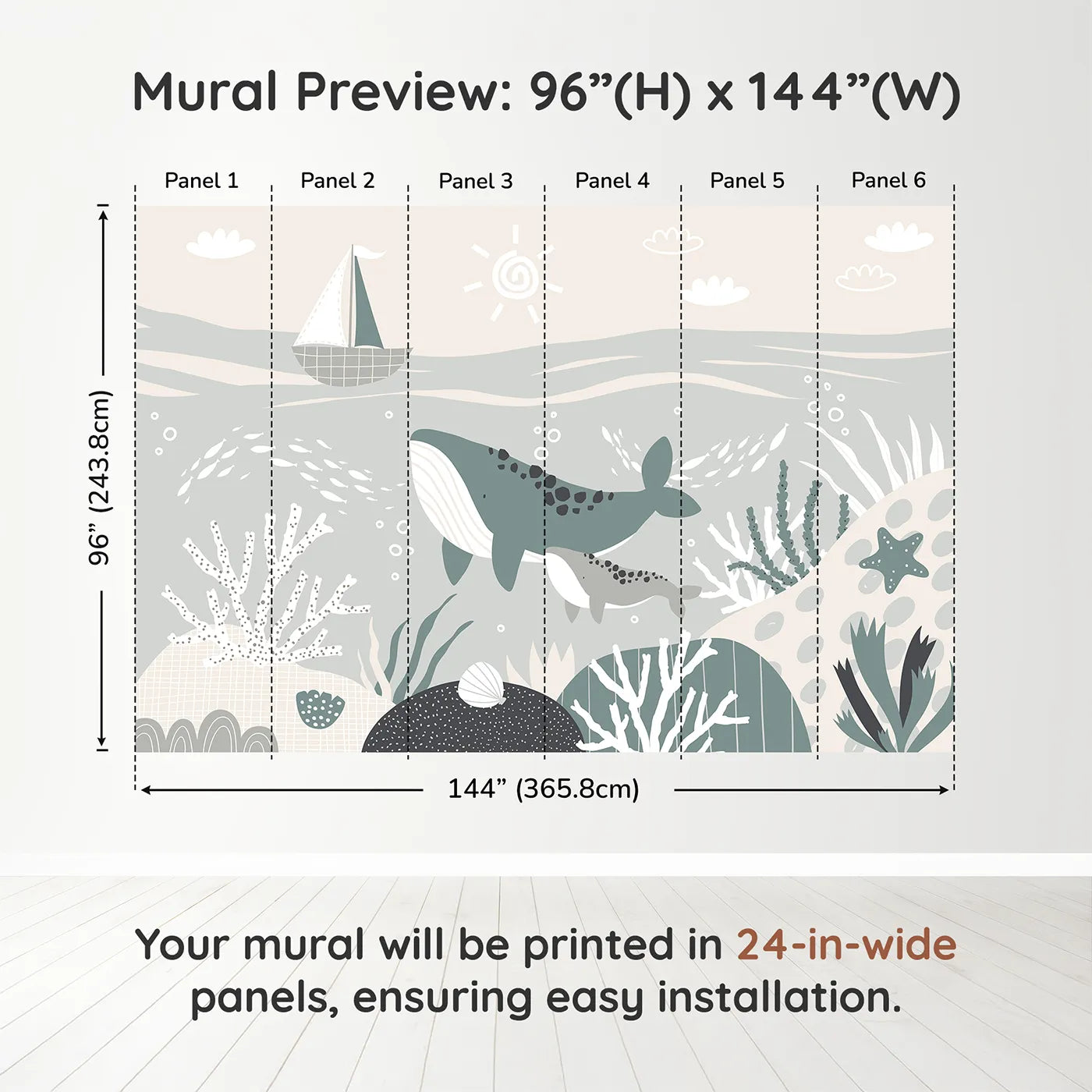 Whimsy Tots Whale and Sailboat Wall Muraldimension view (96" H x 144" W). Printed in six 24-inch-wide panels. Gender-Neutral