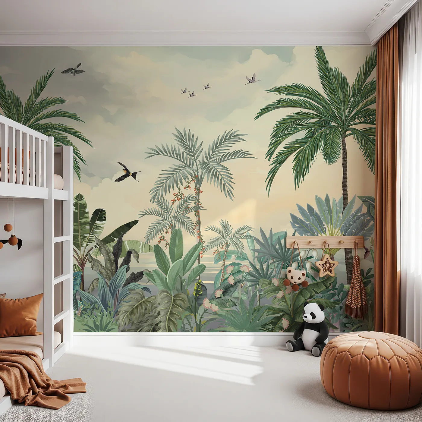 Front view of Whimsy Tots' Sunset Jungle Paradise Wall Mural in Color