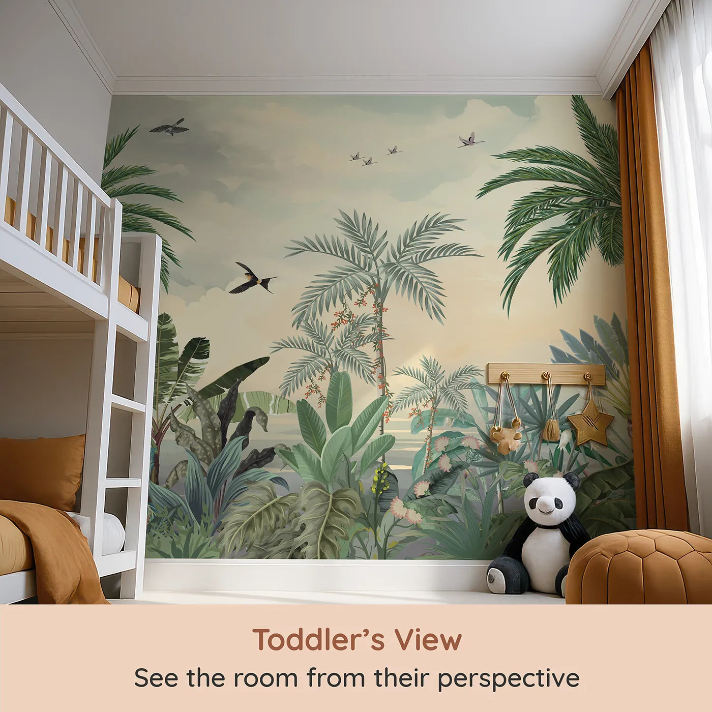 Whimsy Tots Sunset Jungle Paradise Wall Mural in Color (Turn Their Room into a Warm and Gentle African Evening) from your child's view.Gender-Neutral