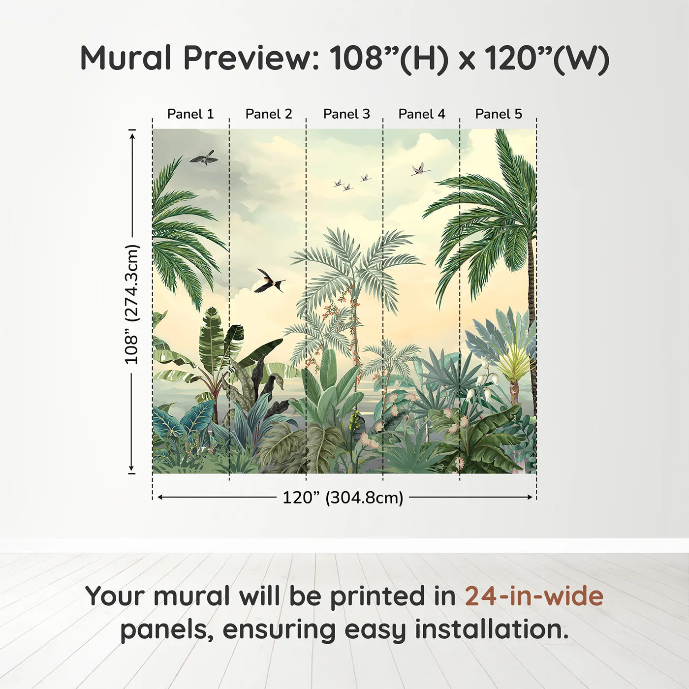 Whimsy Tots Sunset Jungle Paradise Wall Mural in Colordimension view (108" H x 120" W). Printed in five 24-inch-wide panels. Gender-Neutral