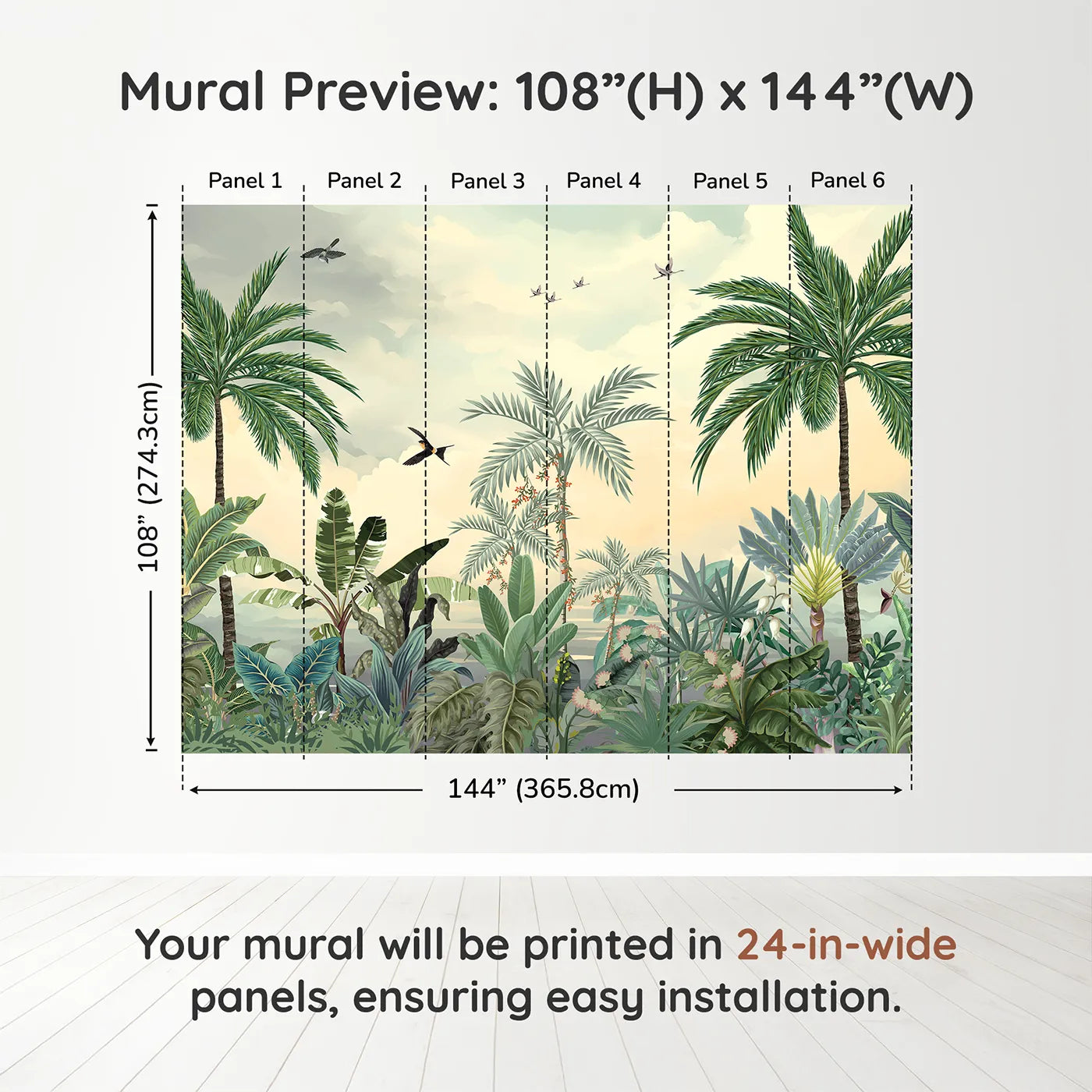 Whimsy Tots Sunset Jungle Paradise Wall Mural in Colordimension view (108" H x 144" W). Printed in six 24-inch-wide panels. Gender-Neutral
