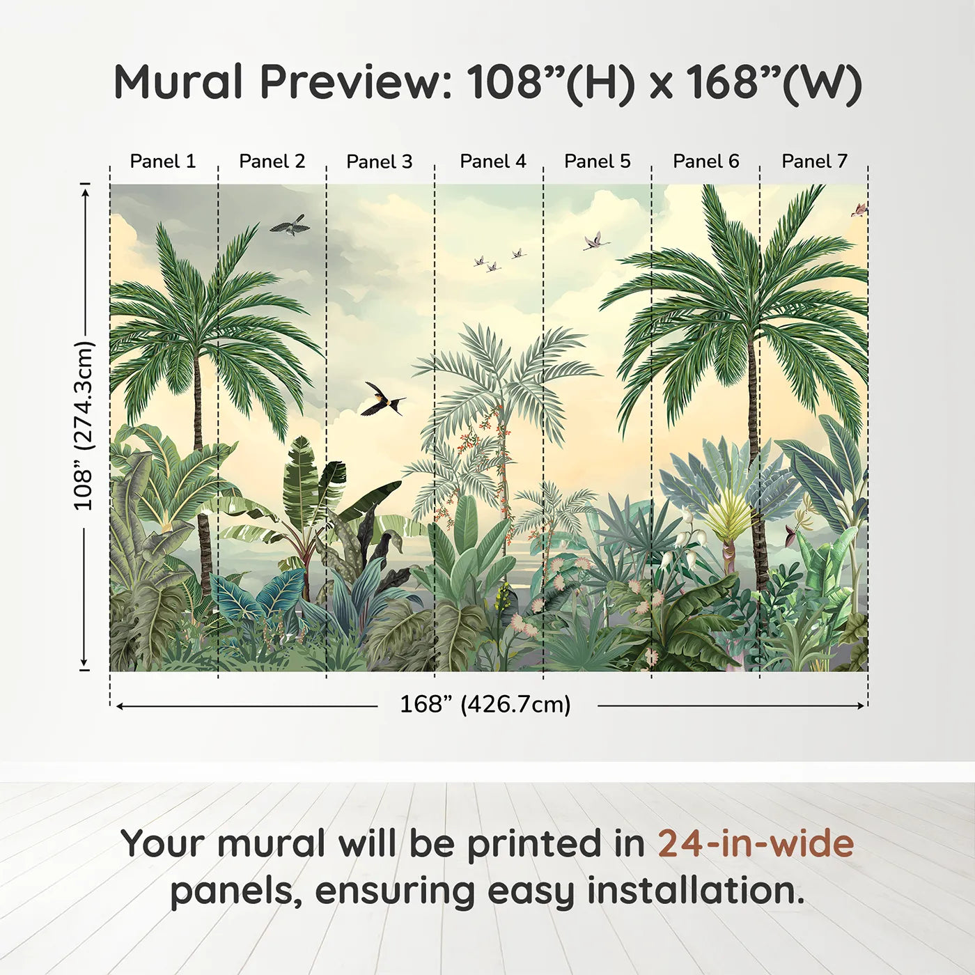 Whimsy Tots Sunset Jungle Paradise Wall Mural in Colordimension view (108" H x 168" W). Printed in seven 24-inch-wide panels. Gender-Neutral