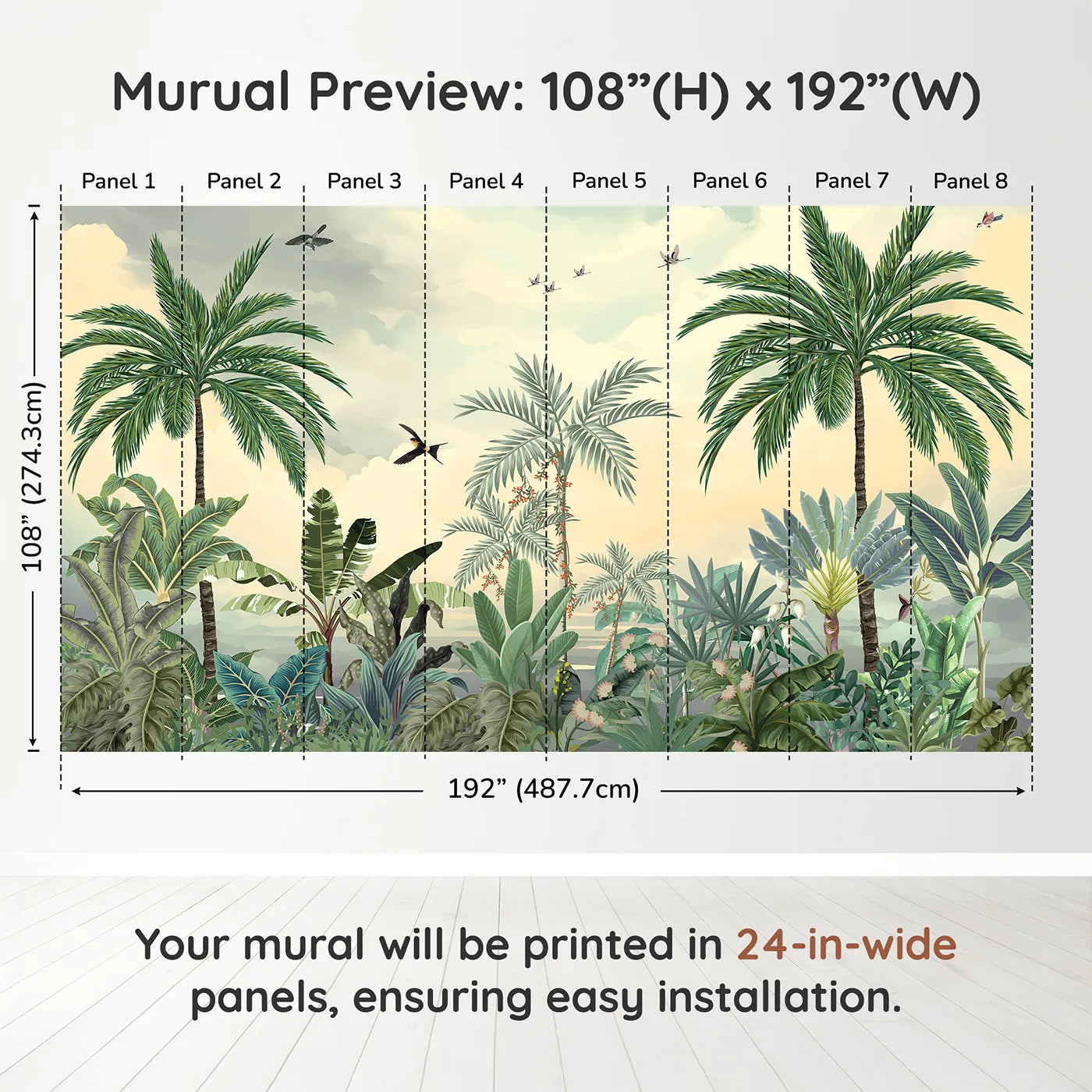 Whimsy Tots Sunset Jungle Paradise Wall Mural in Colordimension view (108" H x 192" W). Printed in eight 24-inch-wide panels. Gender-Neutral