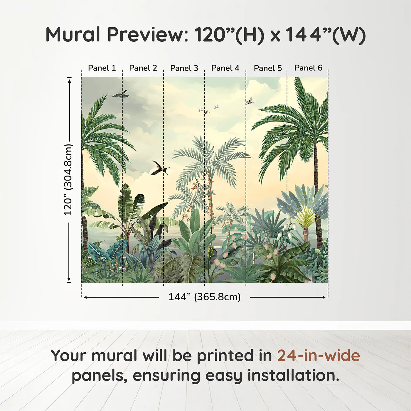 Whimsy Tots Sunset Jungle Paradise Wall Mural in Colordimension view (120" H x 144" W). Printed in six 24-inch-wide panels. Gender-Neutral