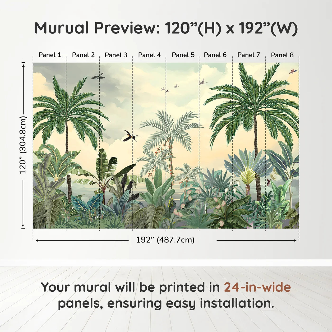 Whimsy Tots Sunset Jungle Paradise Wall Mural in Colordimension view (120" H x 192" W). Printed in eight 24-inch-wide panels. Gender-Neutral