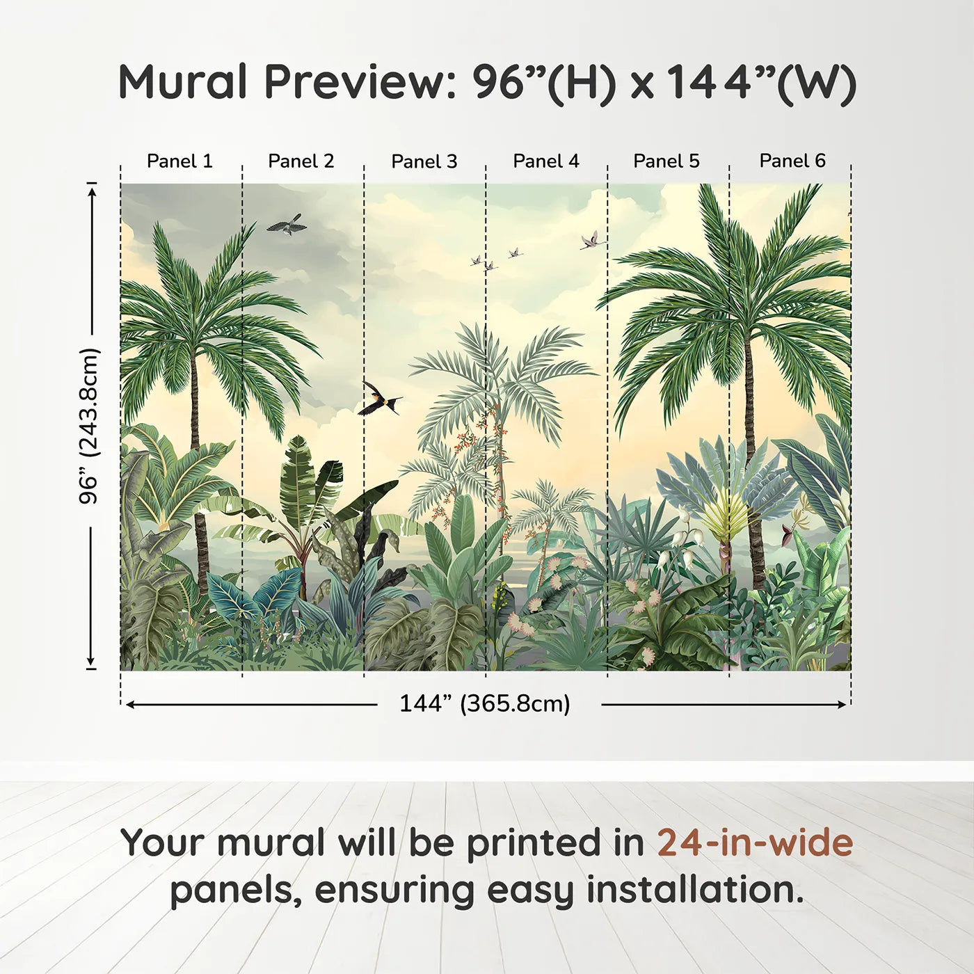Whimsy Tots Sunset Jungle Paradise Wall Mural in Colordimension view (96" H x 144" W). Printed in six 24-inch-wide panels. Gender-Neutral