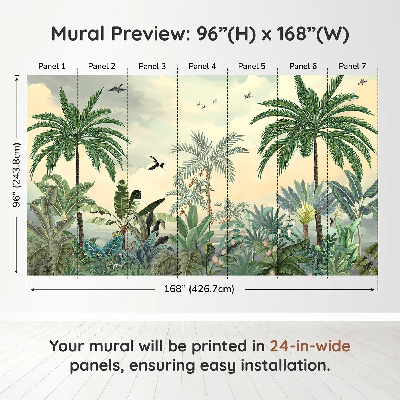 Whimsy Tots Sunset Jungle Paradise Wall Mural in Colordimension view (96" H x 168" W). Printed in seven 24-inch-wide panels. Gender-Neutral