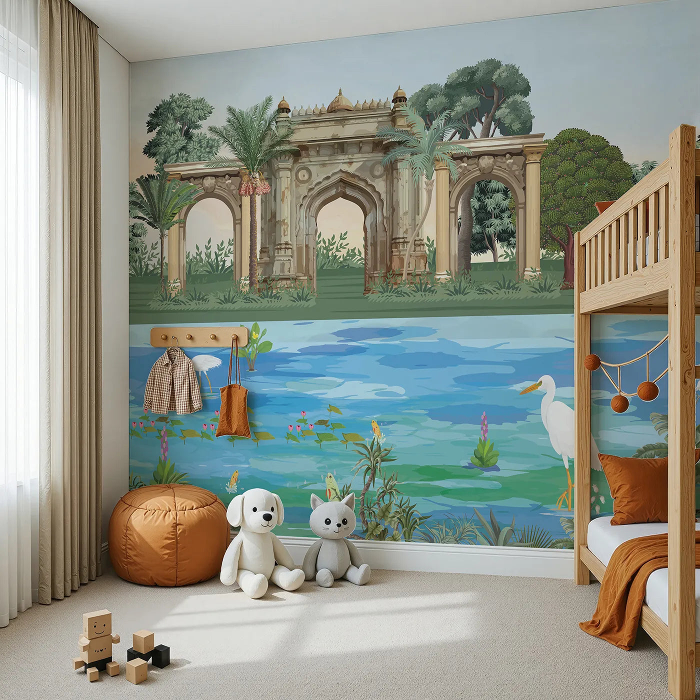 Angled view of Whimsy Tots' Indian Palace Garden Wall Mural in Color (Turn Their Room into a Lush, Exotic Paradise).Gender-Neutral