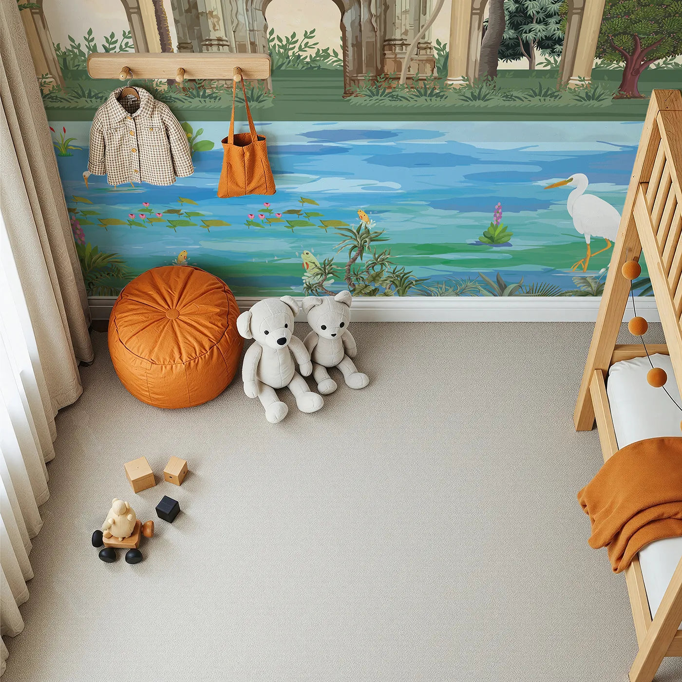 Top-down view of Whimsy Tots' Indian Palace Garden Wall Mural in Color (Turn Their Room into a Lush, Exotic Paradise).Gender-Neutral