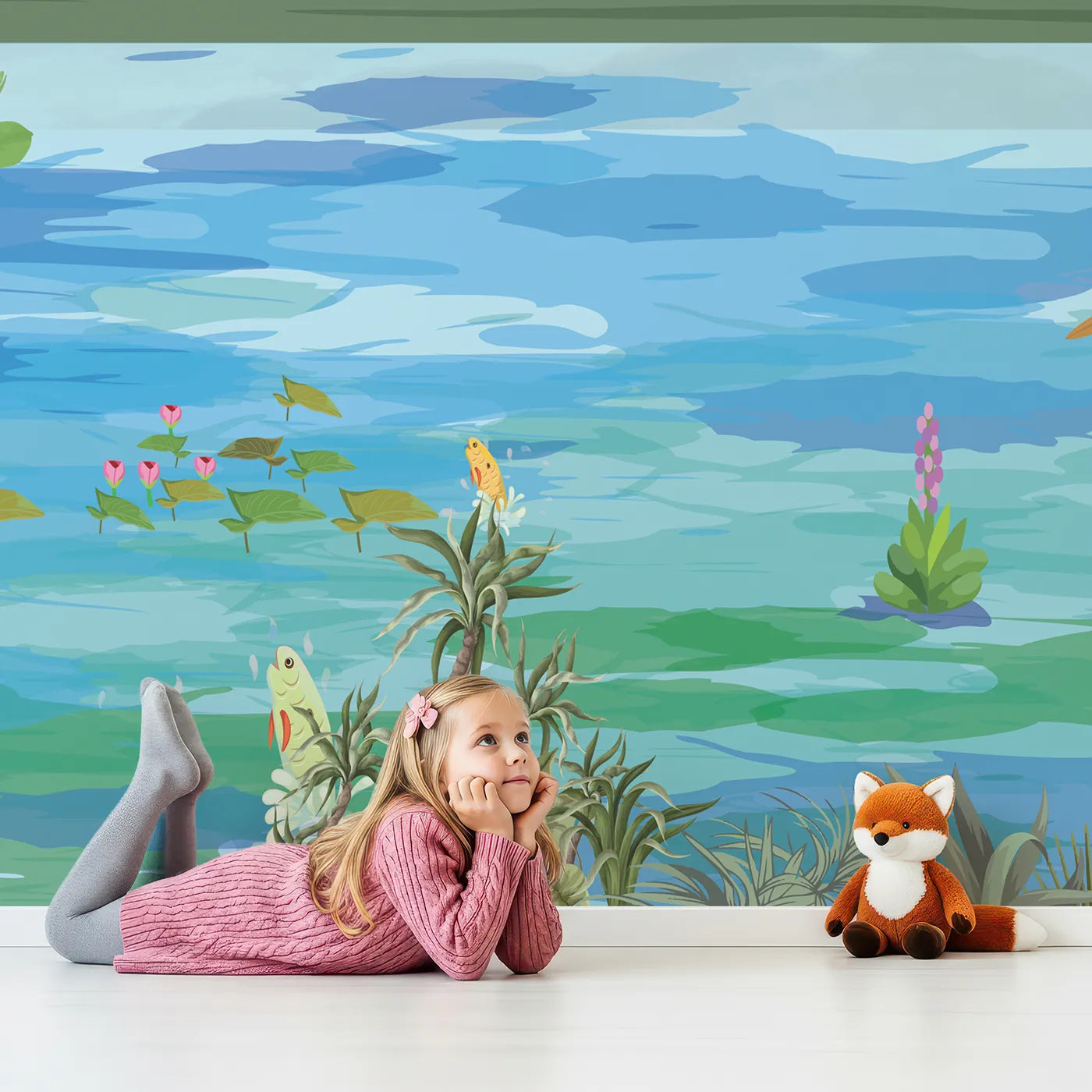 Child in front of Whimsy Tots Indian Palace Garden Wall Mural in Color with chinoiserie, vintage, indian, bird, exotic, tropical, classic, garden in design.