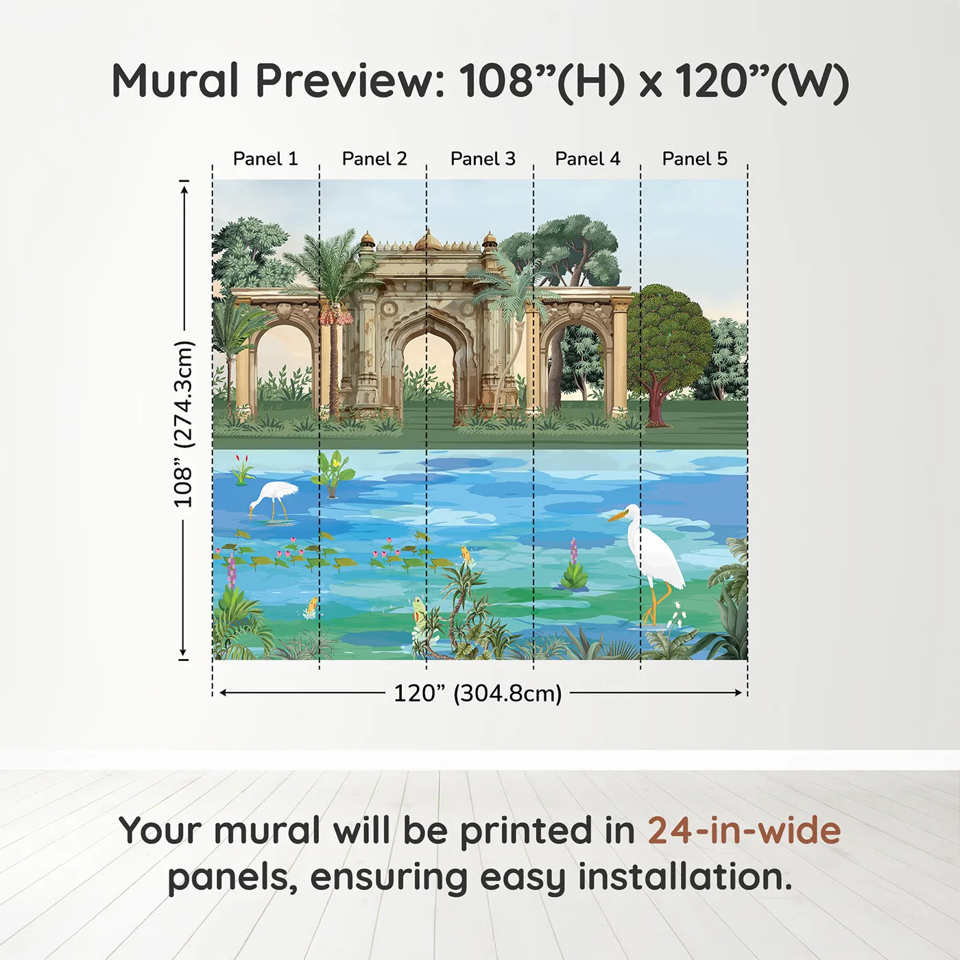 Whimsy Tots Indian Palace Garden Wall Mural in Colordimension view (108" H x 120" W). Printed in five 24-inch-wide panels. Gender-Neutral