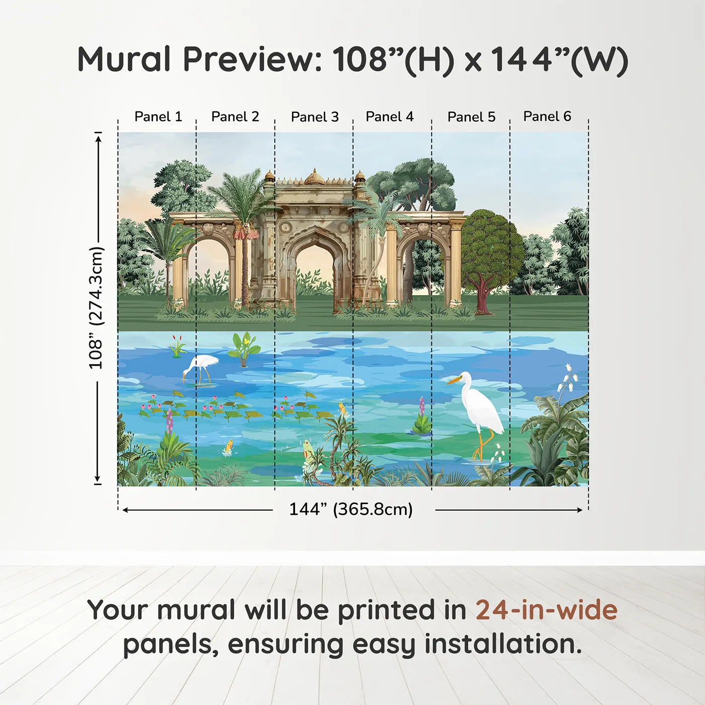 Whimsy Tots Indian Palace Garden Wall Mural in Colordimension view (108" H x 144" W). Printed in six 24-inch-wide panels. Gender-Neutral