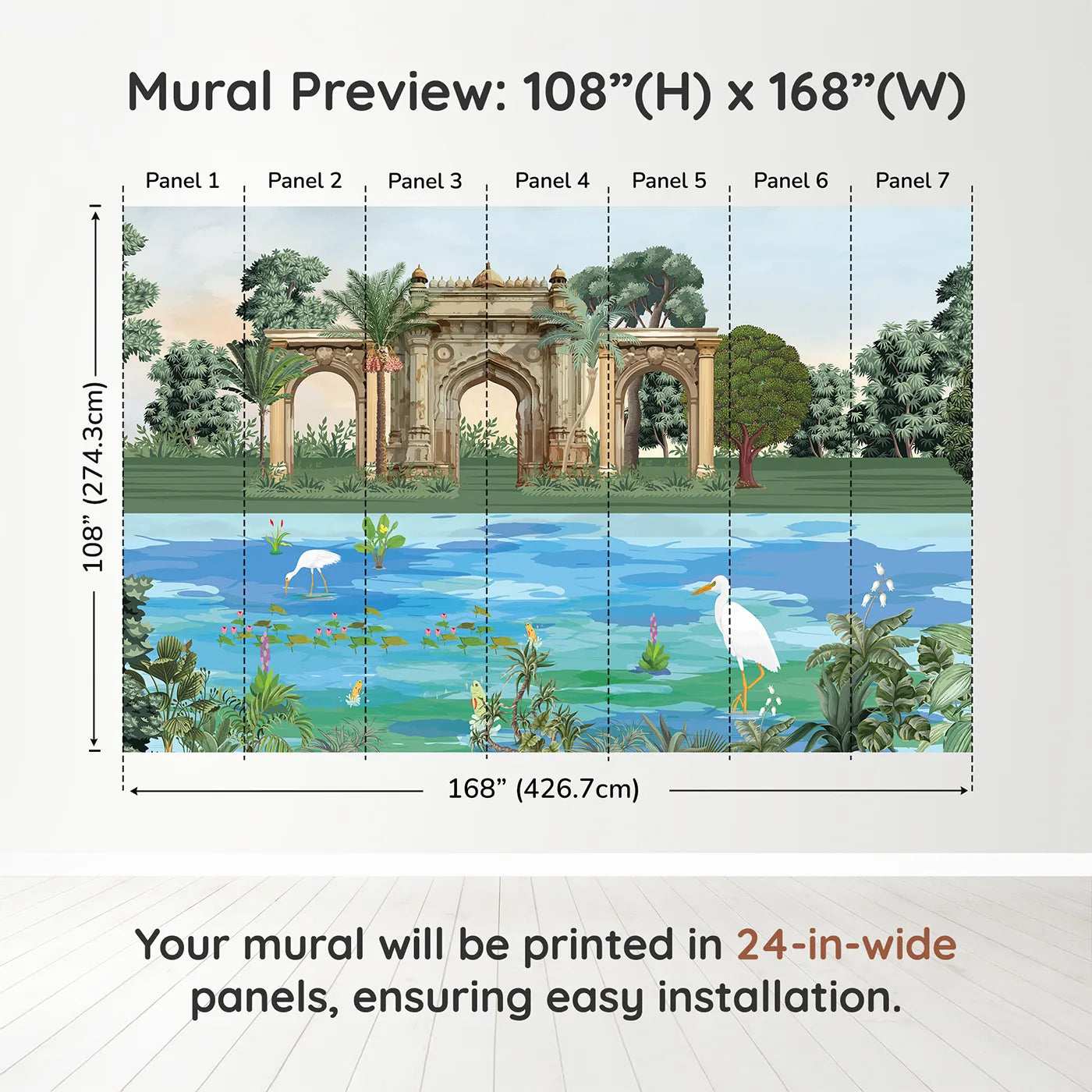 Whimsy Tots Indian Palace Garden Wall Mural in Colordimension view (108" H x 168" W). Printed in seven 24-inch-wide panels. Gender-Neutral