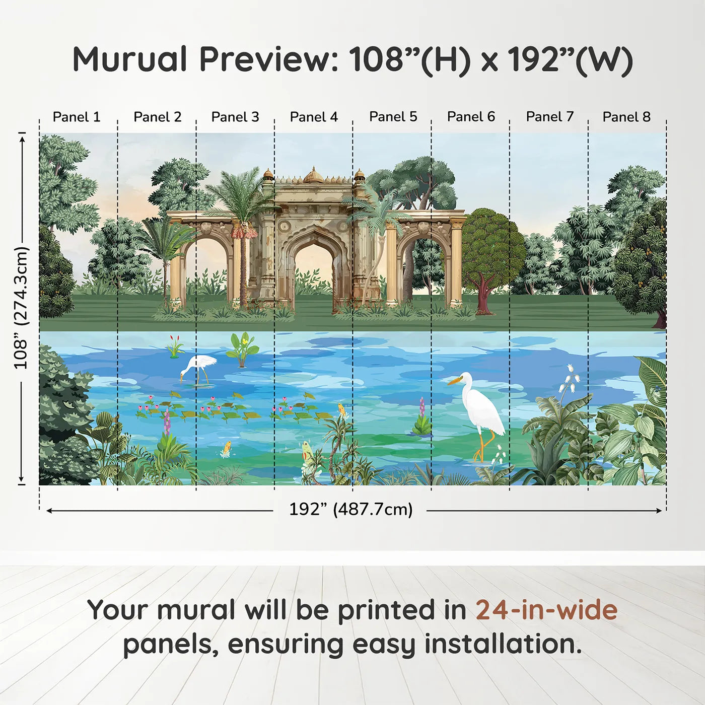 Whimsy Tots Indian Palace Garden Wall Mural in Colordimension view (108" H x 192" W). Printed in eight 24-inch-wide panels. Gender-Neutral