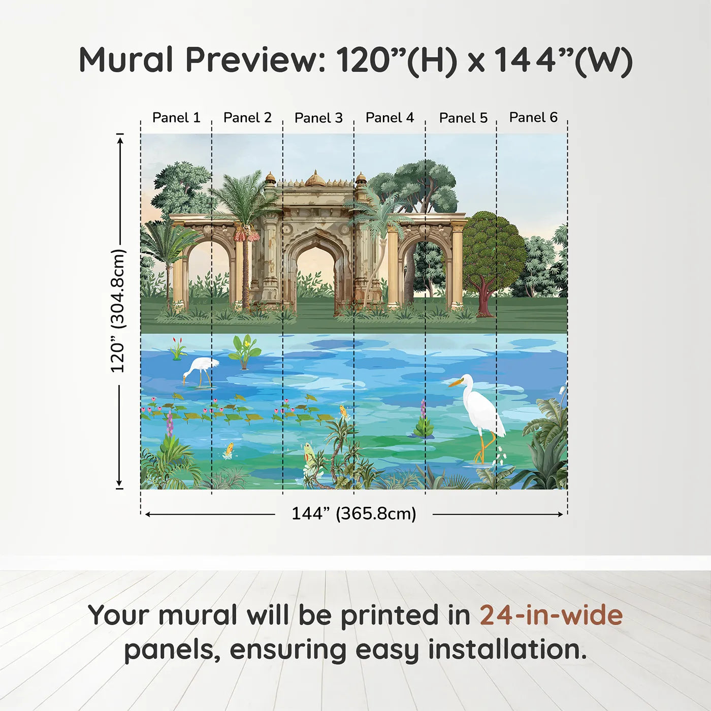 Whimsy Tots Indian Palace Garden Wall Mural in Colordimension view (120" H x 144" W). Printed in six 24-inch-wide panels. Gender-Neutral