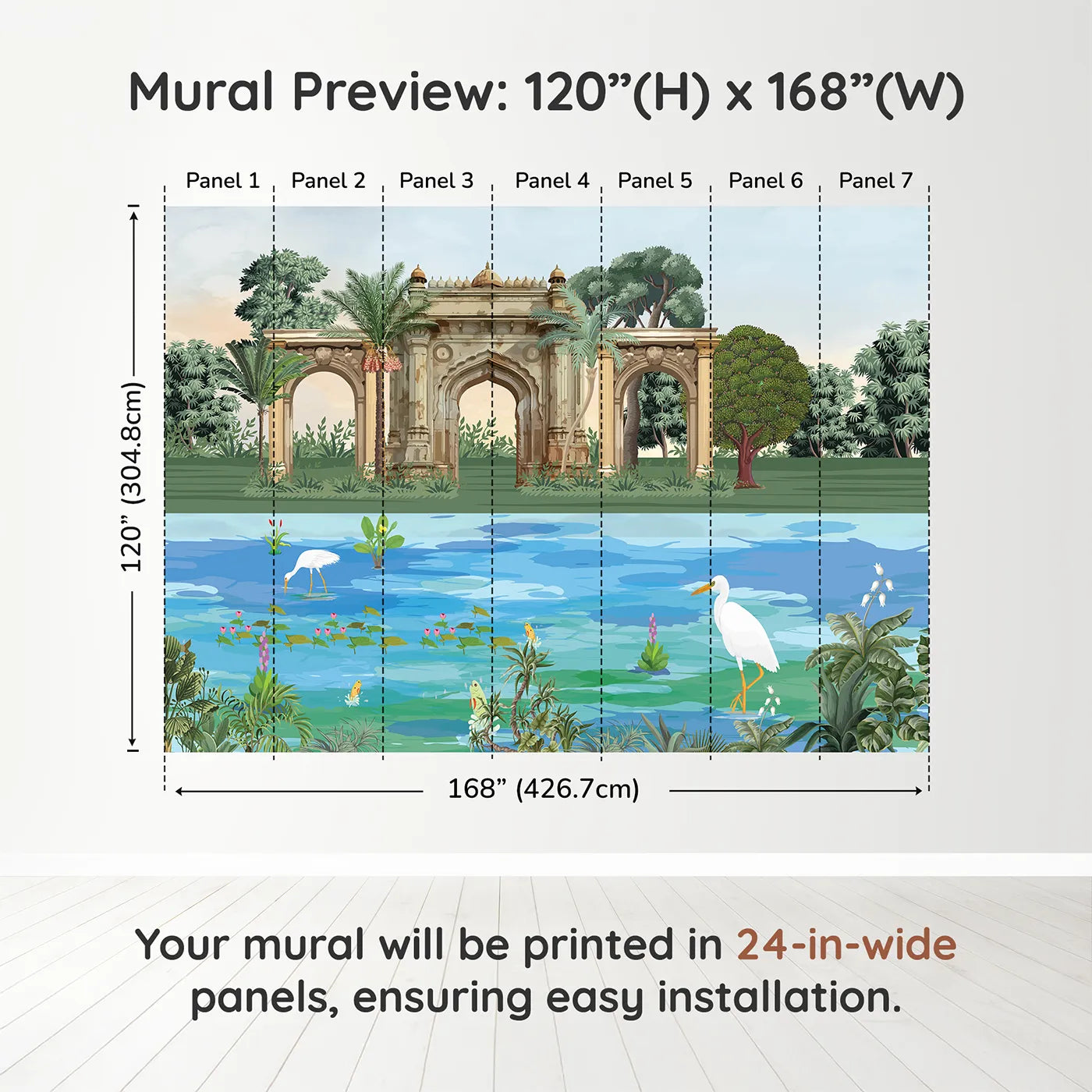 Whimsy Tots Indian Palace Garden Wall Mural in Colordimension view (120" H x 168" W). Printed in seven 24-inch-wide panels. Gender-Neutral