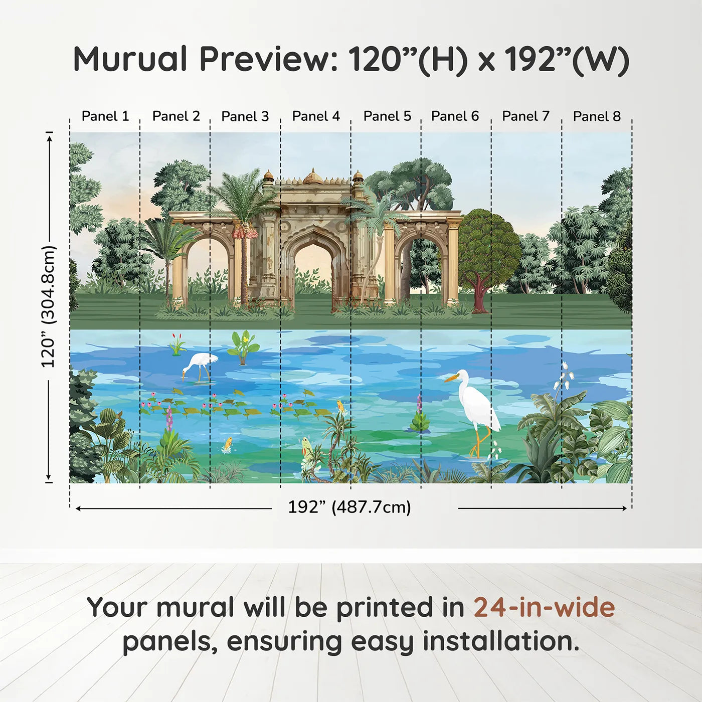 Whimsy Tots Indian Palace Garden Wall Mural in Colordimension view (120" H x 192" W). Printed in eight 24-inch-wide panels. Gender-Neutral