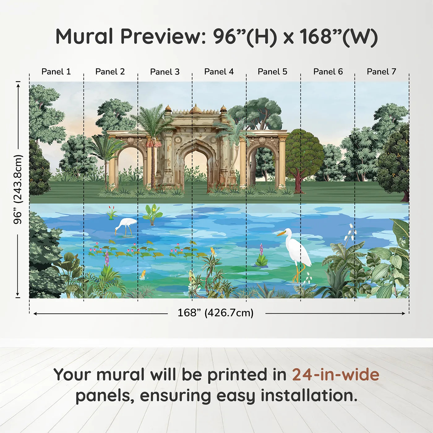 Whimsy Tots Indian Palace Garden Wall Mural in Colordimension view (96" H x 168" W). Printed in seven 24-inch-wide panels. Gender-Neutral