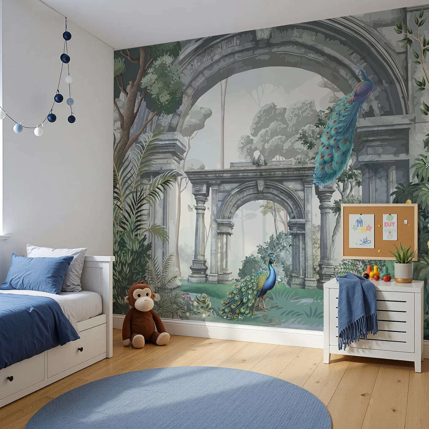 Angled view of Whimsy Tots' Peacock Ruins Wall Mural in Color (Turn Their Room into a Grand and Elegant Garden).Gender-Neutral