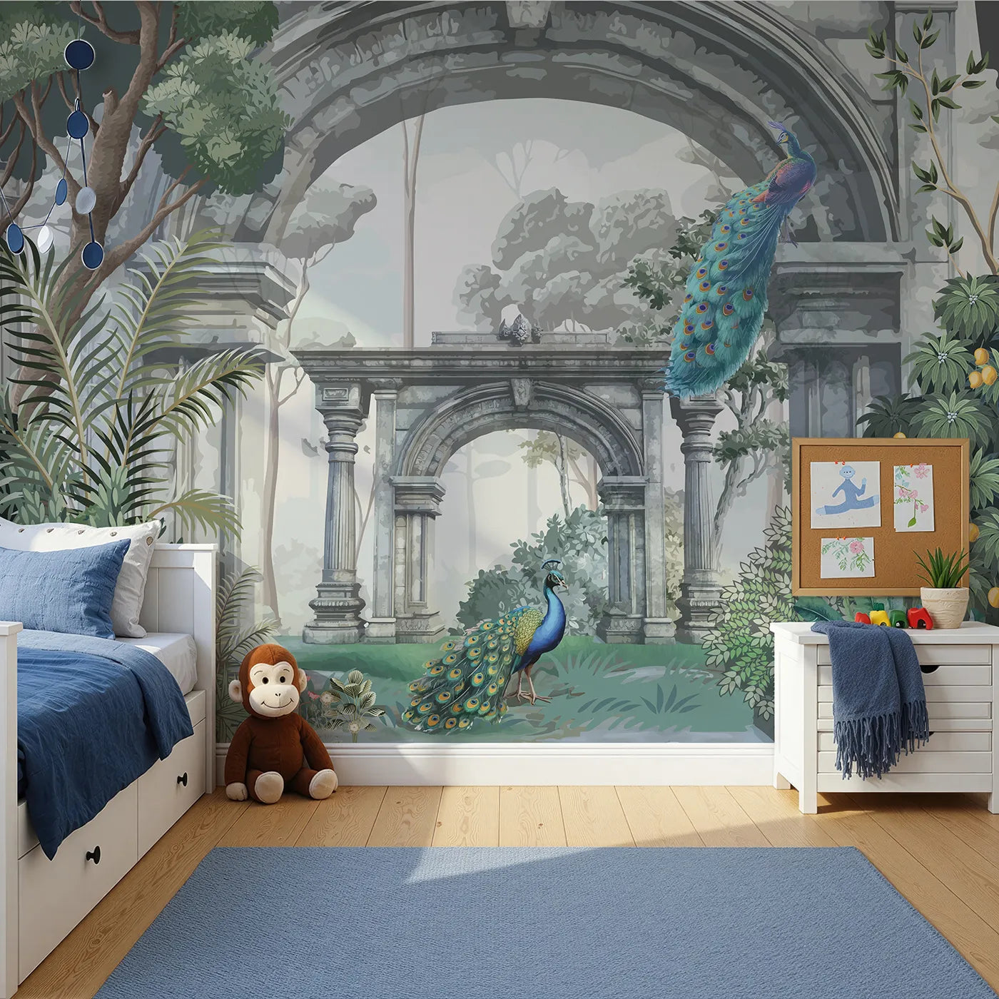 Front view of Whimsy Tots' Peacock Ruins Wall Mural in Color