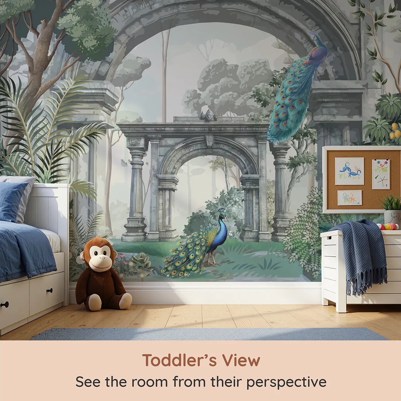 Whimsy Tots Peacock Ruins Wall Mural in Color (Turn Their Room into a Grand and Elegant Garden) from your child's view.Gender-Neutral