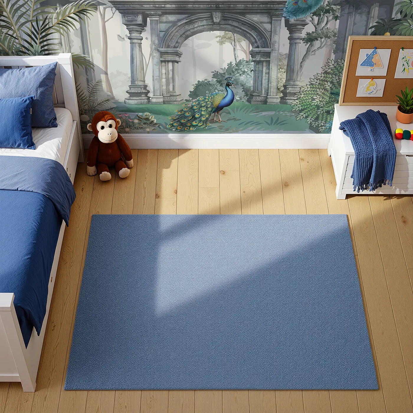 Top-down view of Whimsy Tots' Peacock Ruins Wall Mural in Color (Turn Their Room into a Grand and Elegant Garden).Gender-Neutral