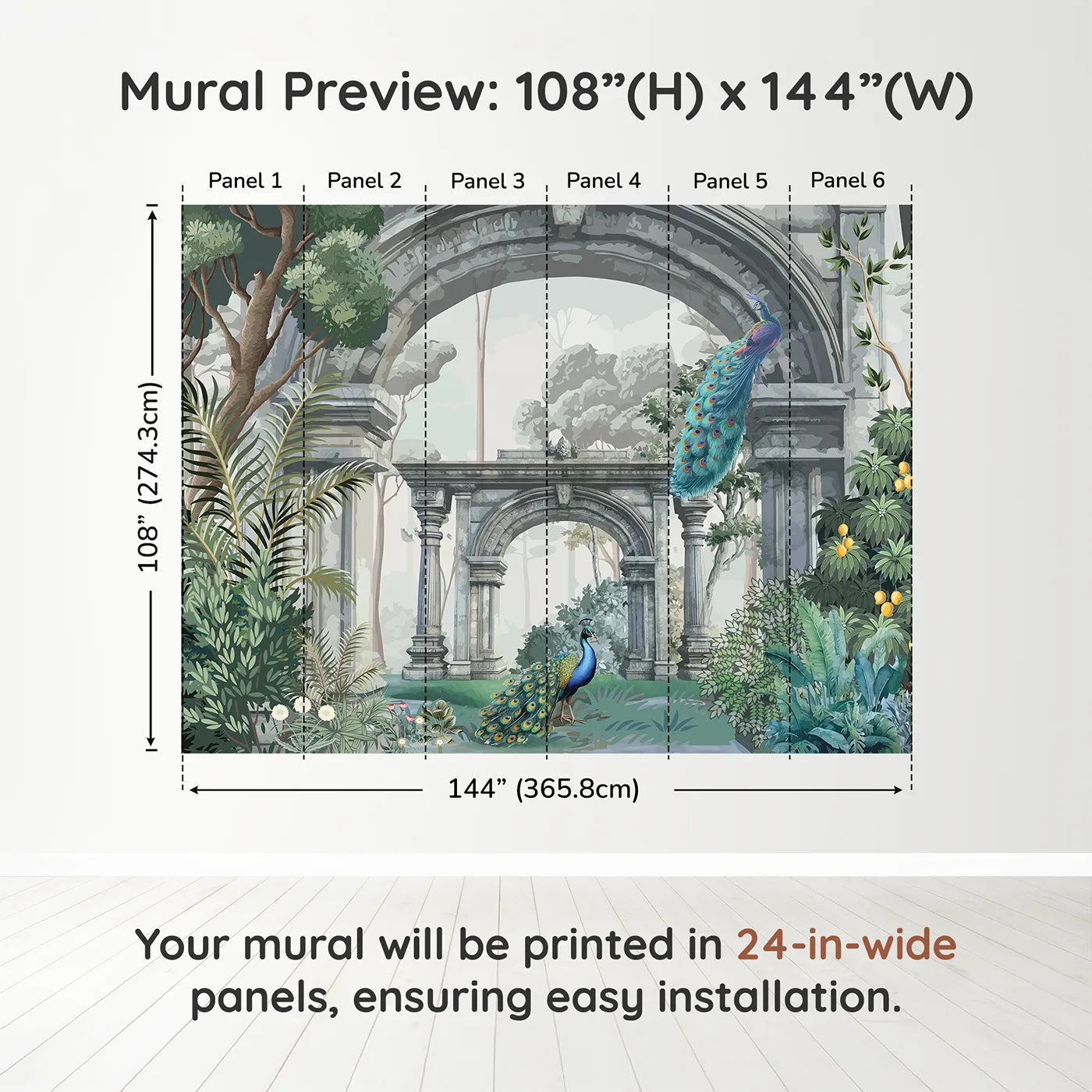 Whimsy Tots Peacock Ruins Wall Mural in Colordimension view (108" H x 144" W). Printed in six 24-inch-wide panels. Gender-Neutral