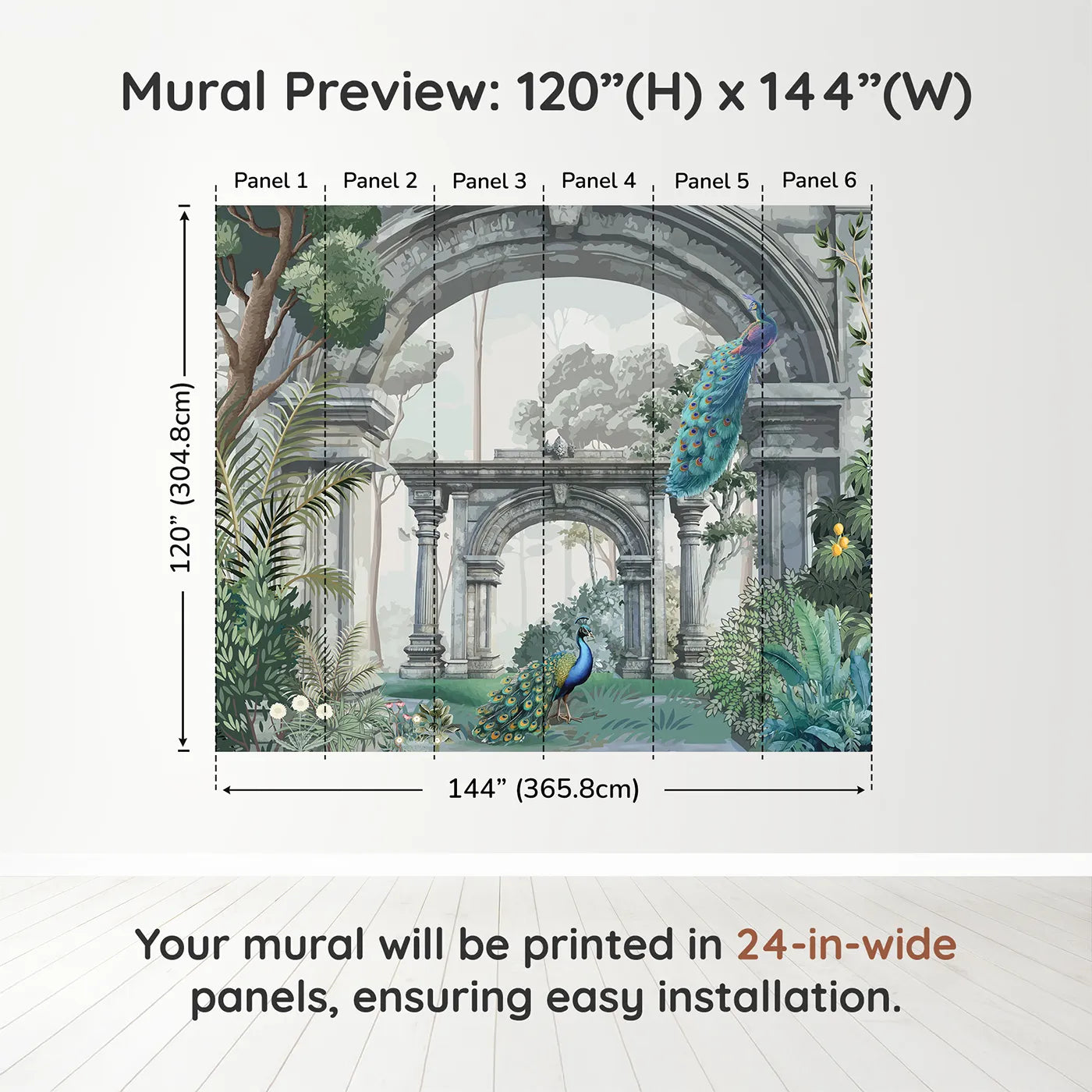 Whimsy Tots Peacock Ruins Wall Mural in Colordimension view (120" H x 144" W). Printed in six 24-inch-wide panels. Gender-Neutral