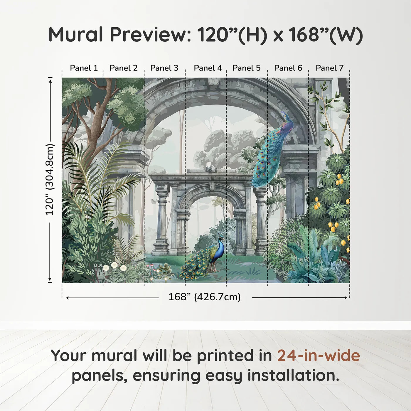 Whimsy Tots Peacock Ruins Wall Mural in Colordimension view (120" H x 168" W). Printed in seven 24-inch-wide panels. Gender-Neutral