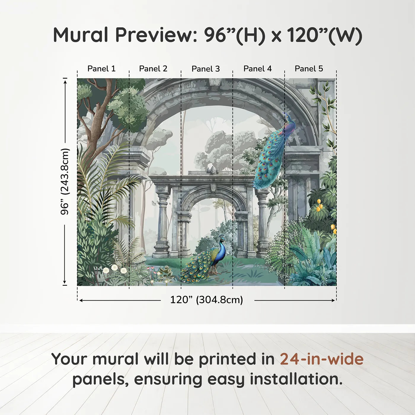 Whimsy Tots Peacock Ruins Wall Mural in Colordimension view (96" H x 120" W). Printed in five 24-inch-wide panels. Gender-Neutral
