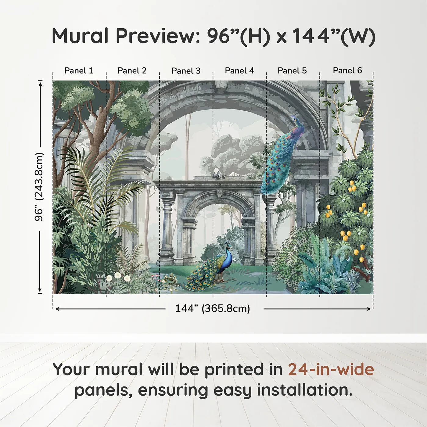 Whimsy Tots Peacock Ruins Wall Mural in Colordimension view (96" H x 144" W). Printed in six 24-inch-wide panels. Gender-Neutral
