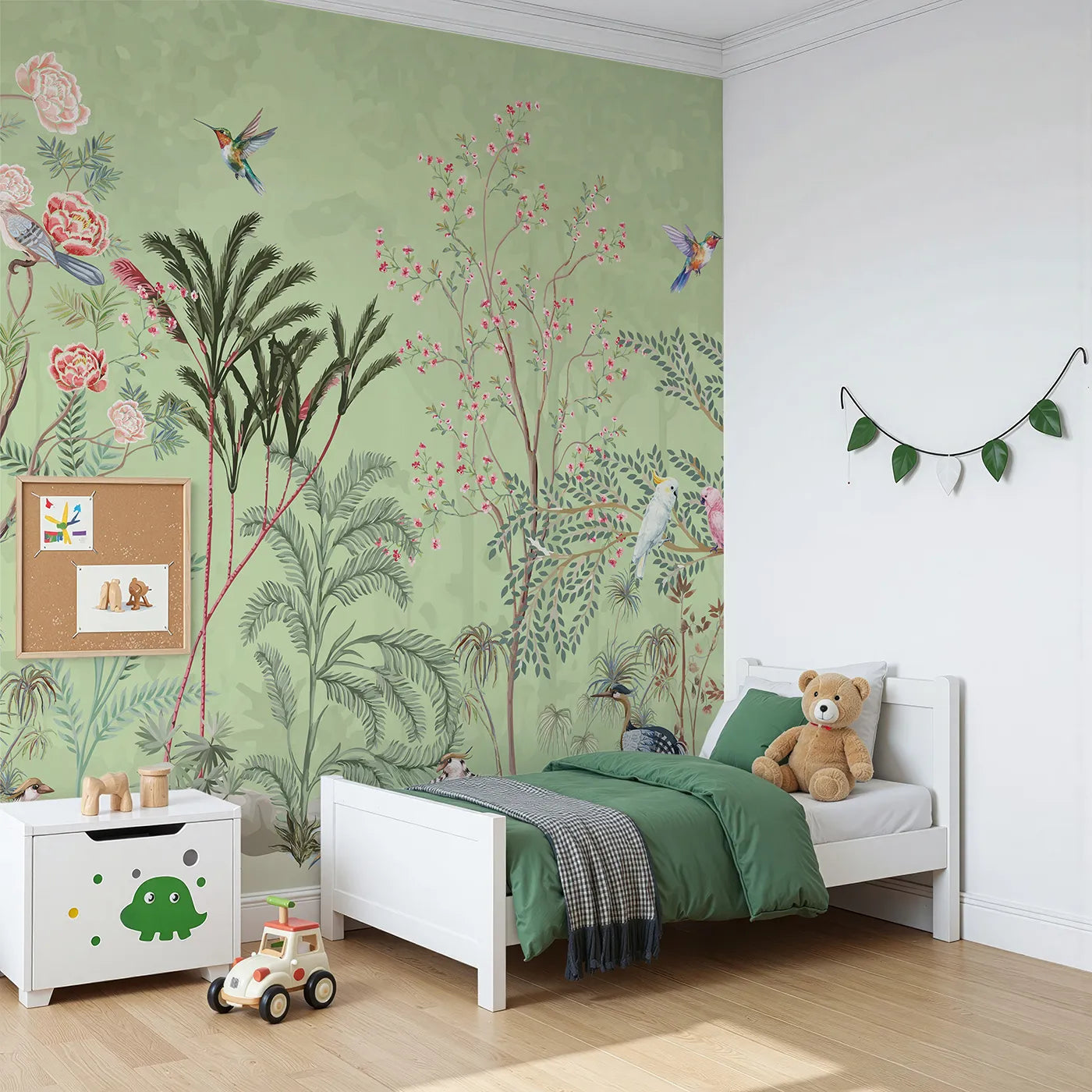 Angled view of Whimsy Tots' Chinoiserie Garden Wall Mural in Green (Turn Their Room into an Elegant, Hand-Painted Paradise).Gender-Neutral
