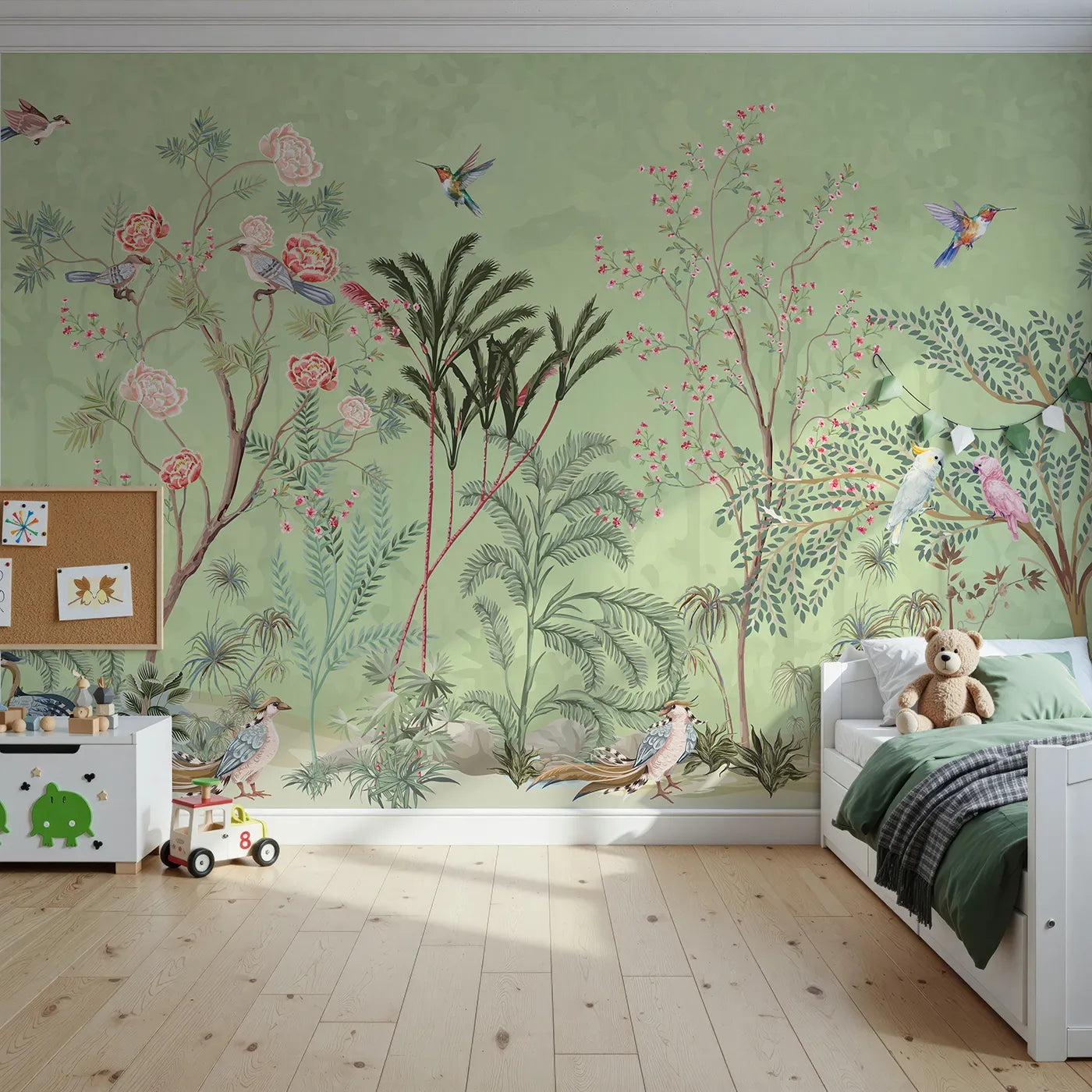 Front view of Whimsy Tots' Chinoiserie Garden Wall Mural in Green