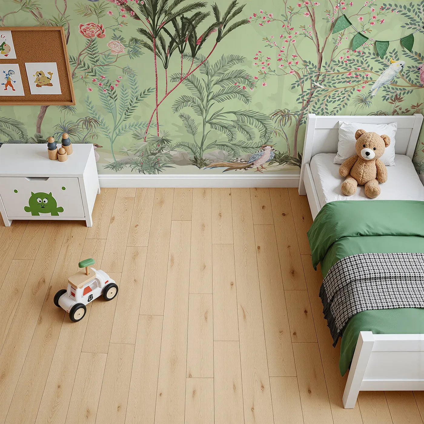 Top-down view of Whimsy Tots' Chinoiserie Garden Wall Mural in Green (Turn Their Room into an Elegant, Hand-Painted Paradise).Gender-Neutral