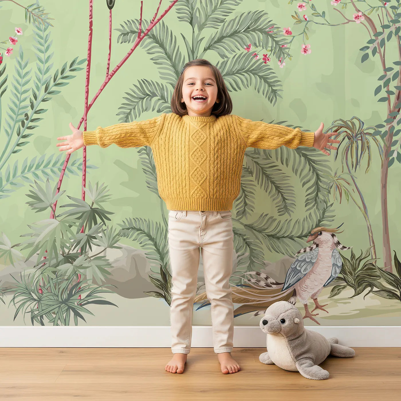 Child in front of Whimsy Tots Chinoiserie Garden Wall Mural in Green with chinoiserie, vintage, floral, flower, bird, tree, green, classic in design.