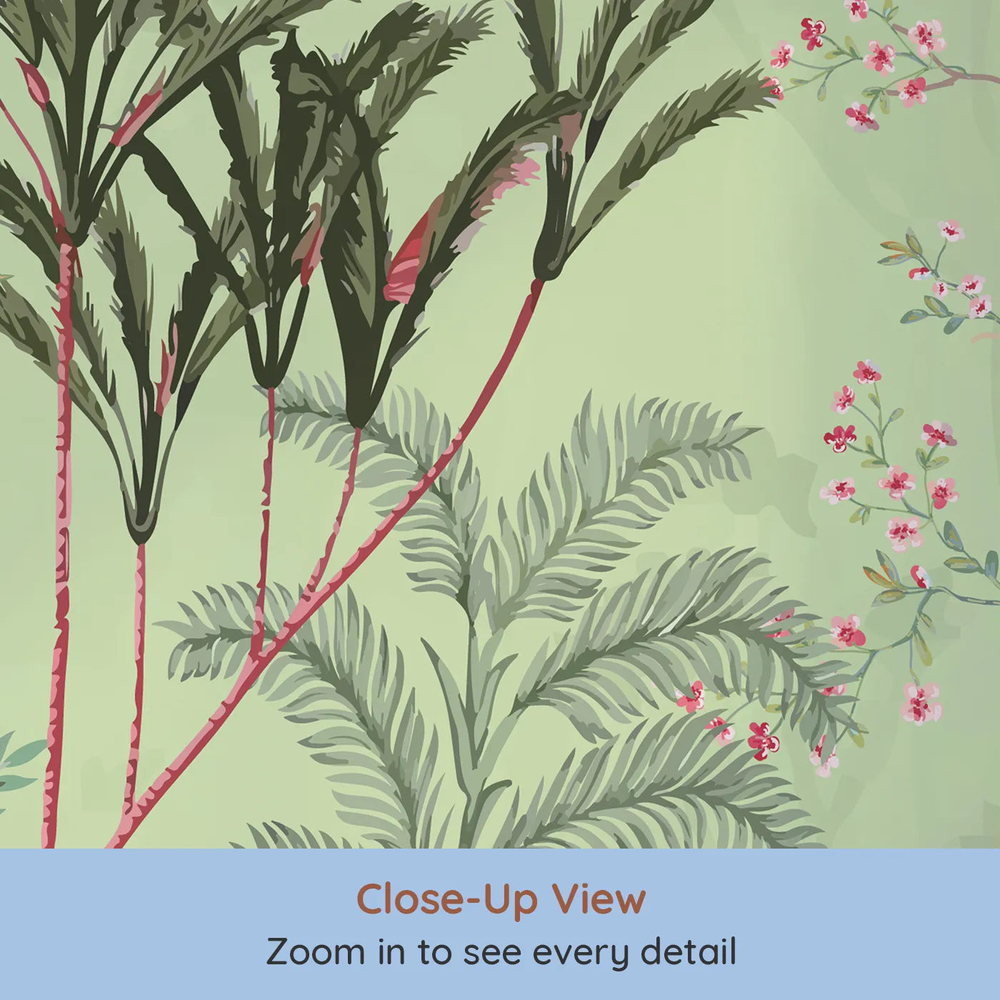 Close-up view of Whimsy Tots' Chinoiserie Garden Wall Mural in Green (Turn Their Room into an Elegant, Hand-Painted Paradise).Gender-Neutral