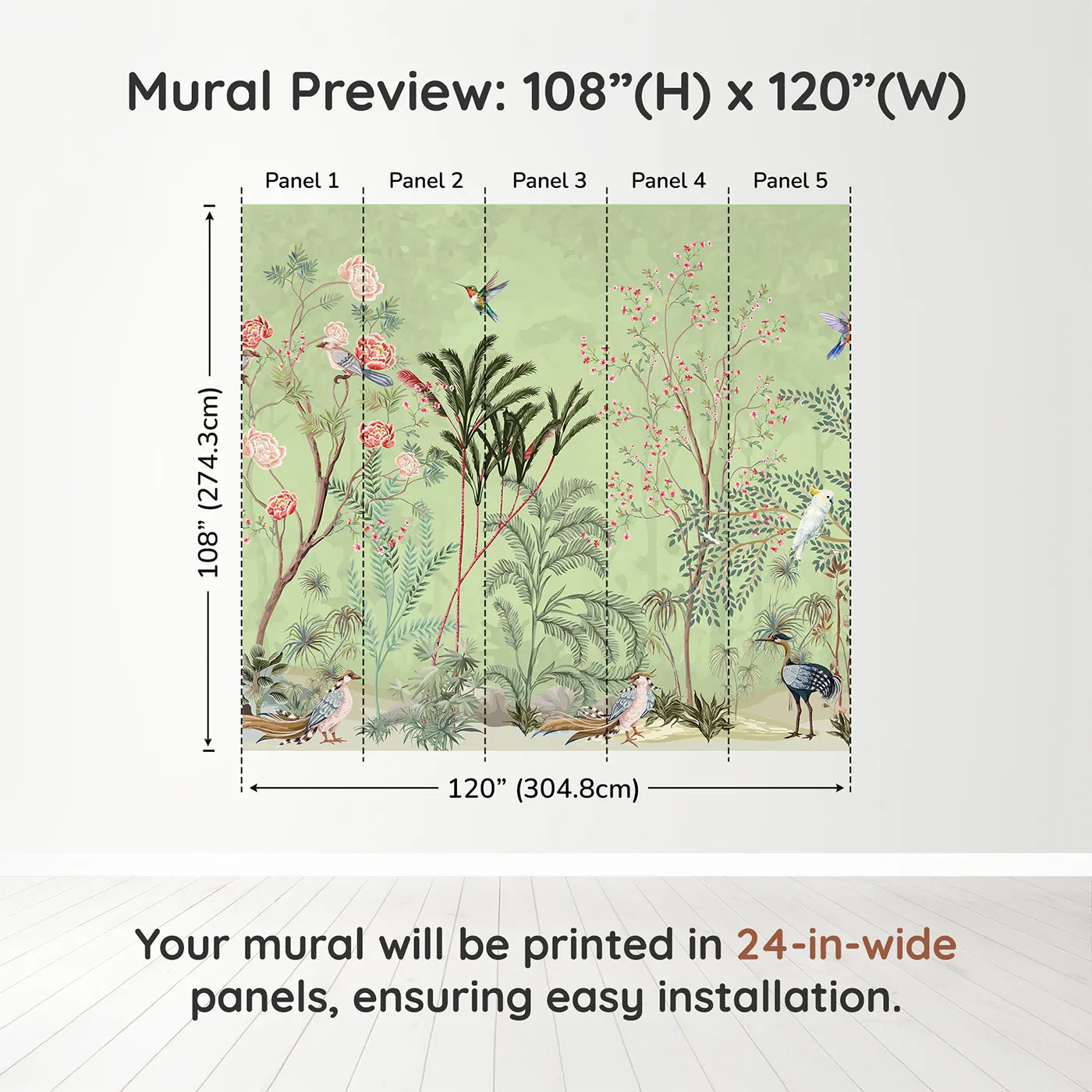 Whimsy Tots Chinoiserie Garden Wall Mural in Greendimension view (108" H x 120" W). Printed in five 24-inch-wide panels. Gender-Neutral