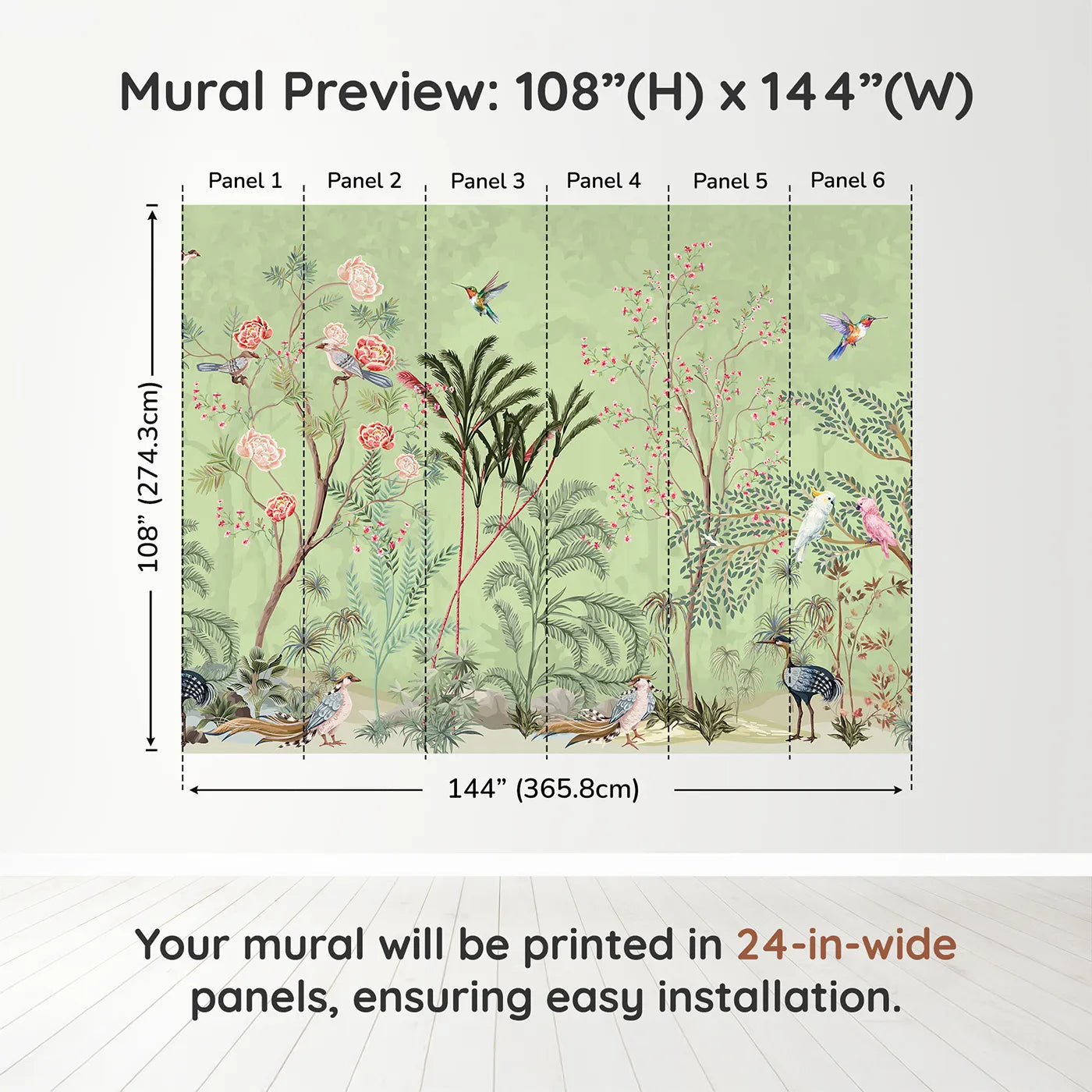 Whimsy Tots Chinoiserie Garden Wall Mural in Greendimension view (108" H x 144" W). Printed in six 24-inch-wide panels. Gender-Neutral