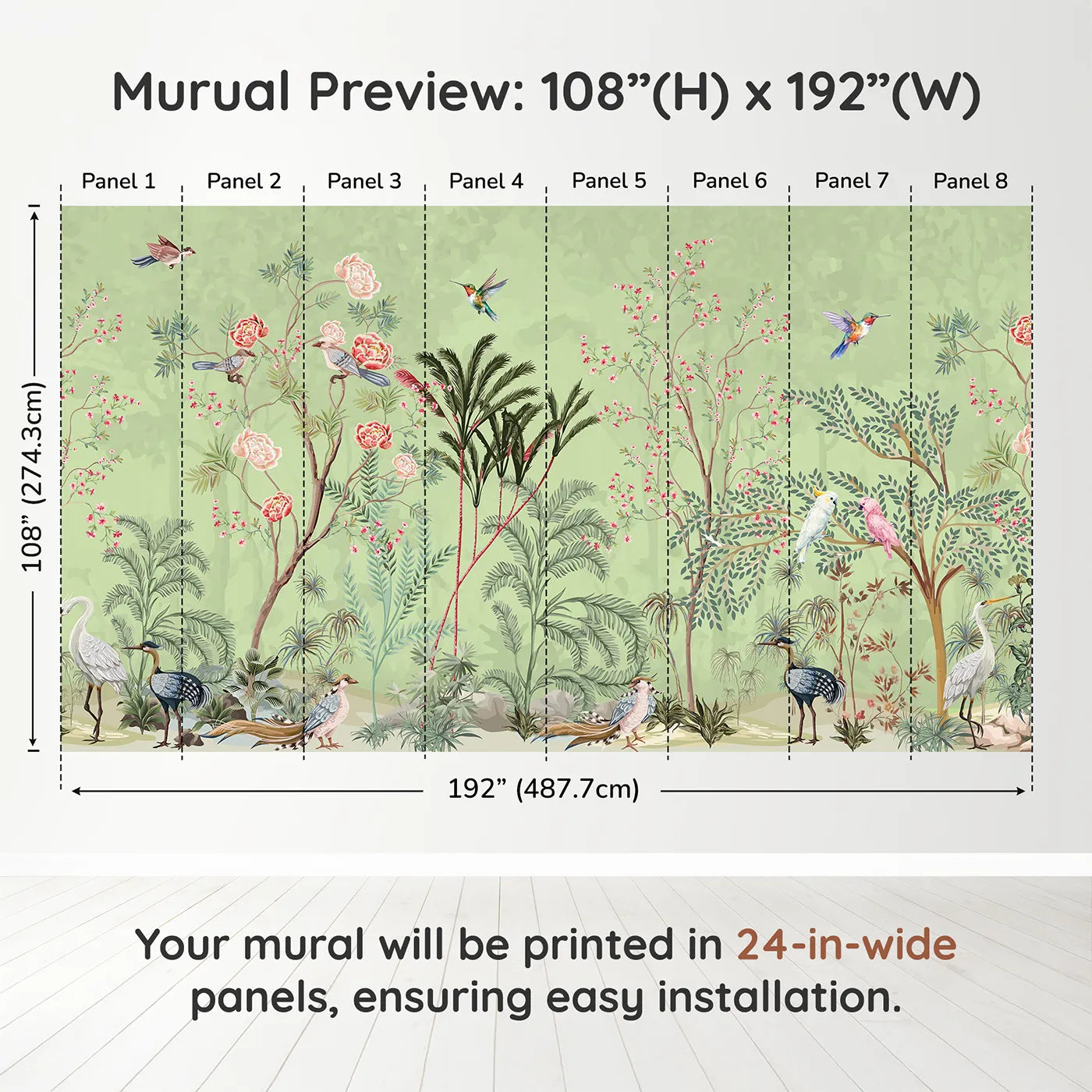 Whimsy Tots Chinoiserie Garden Wall Mural in Greendimension view (108" H x 192" W). Printed in eight 24-inch-wide panels. Gender-Neutral