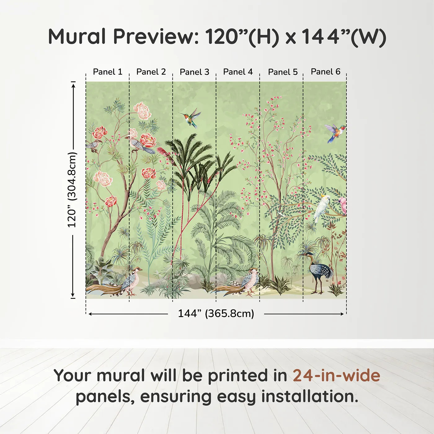 Whimsy Tots Chinoiserie Garden Wall Mural in Greendimension view (120" H x 144" W). Printed in six 24-inch-wide panels. Gender-Neutral