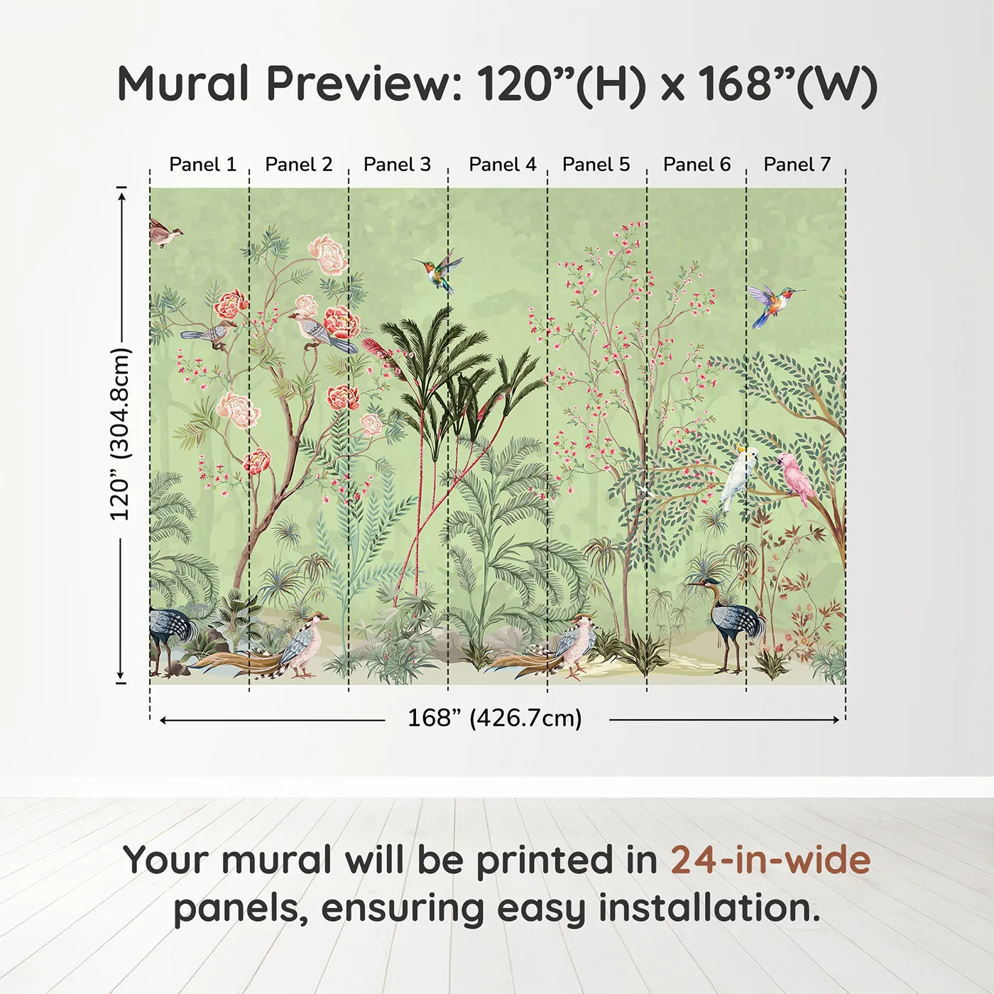 Whimsy Tots Chinoiserie Garden Wall Mural in Greendimension view (120" H x 168" W). Printed in seven 24-inch-wide panels. Gender-Neutral
