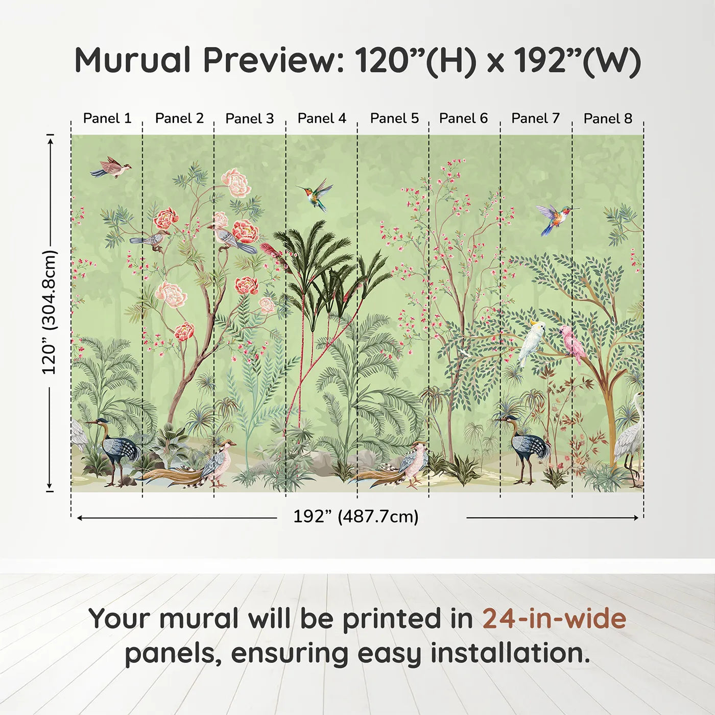Whimsy Tots Chinoiserie Garden Wall Mural in Greendimension view (120" H x 192" W). Printed in eight 24-inch-wide panels. Gender-Neutral