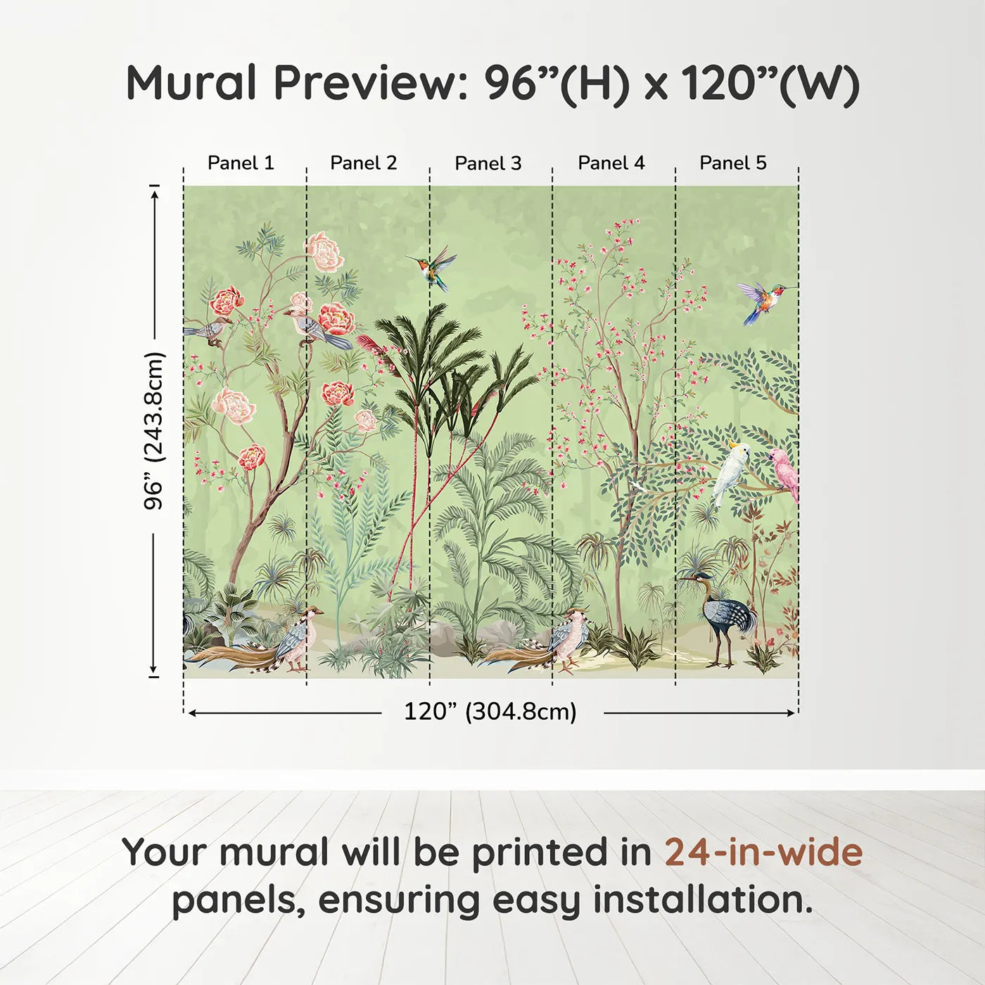 Whimsy Tots Chinoiserie Garden Wall Mural in Greendimension view (96" H x 120" W). Printed in five 24-inch-wide panels. Gender-Neutral